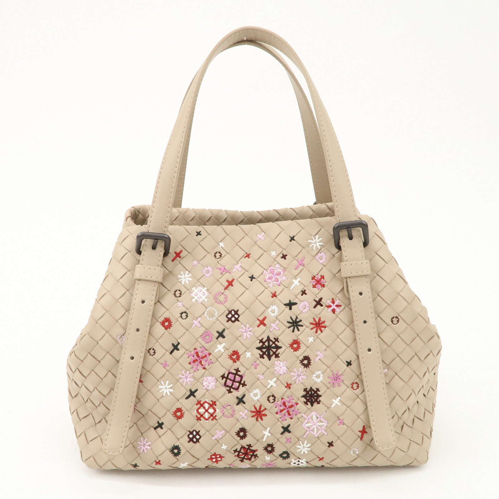 BOTTEGA VENETA Intrecciato Leather Embroidery Tote Bag Beige Used