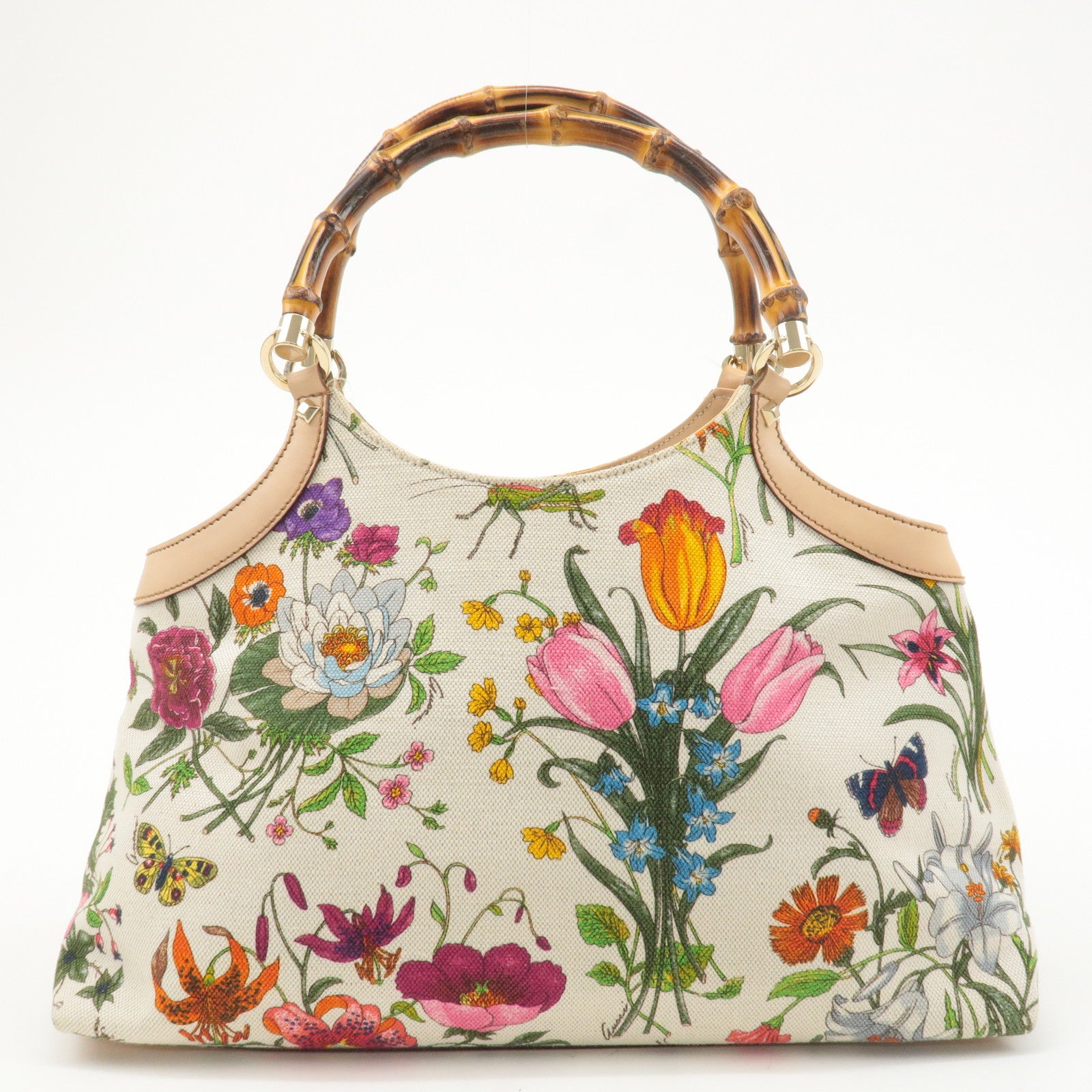 GUCCI Bamboo Canvas Leather Flora Tote Bag Ivory 137395