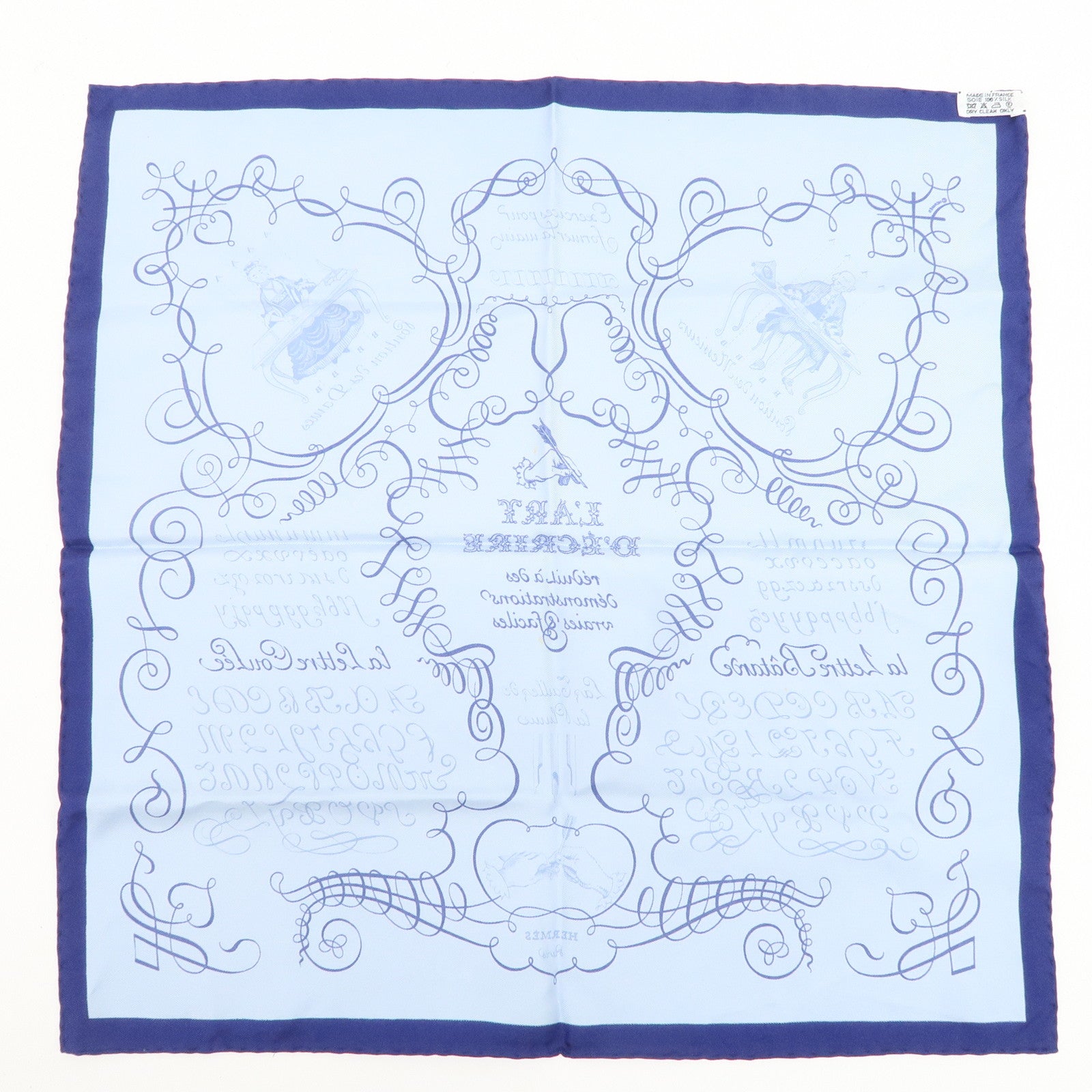 HERMES Carre 42 Silk 100% Scarf L'ART D'ECRIRE Light Blue Used