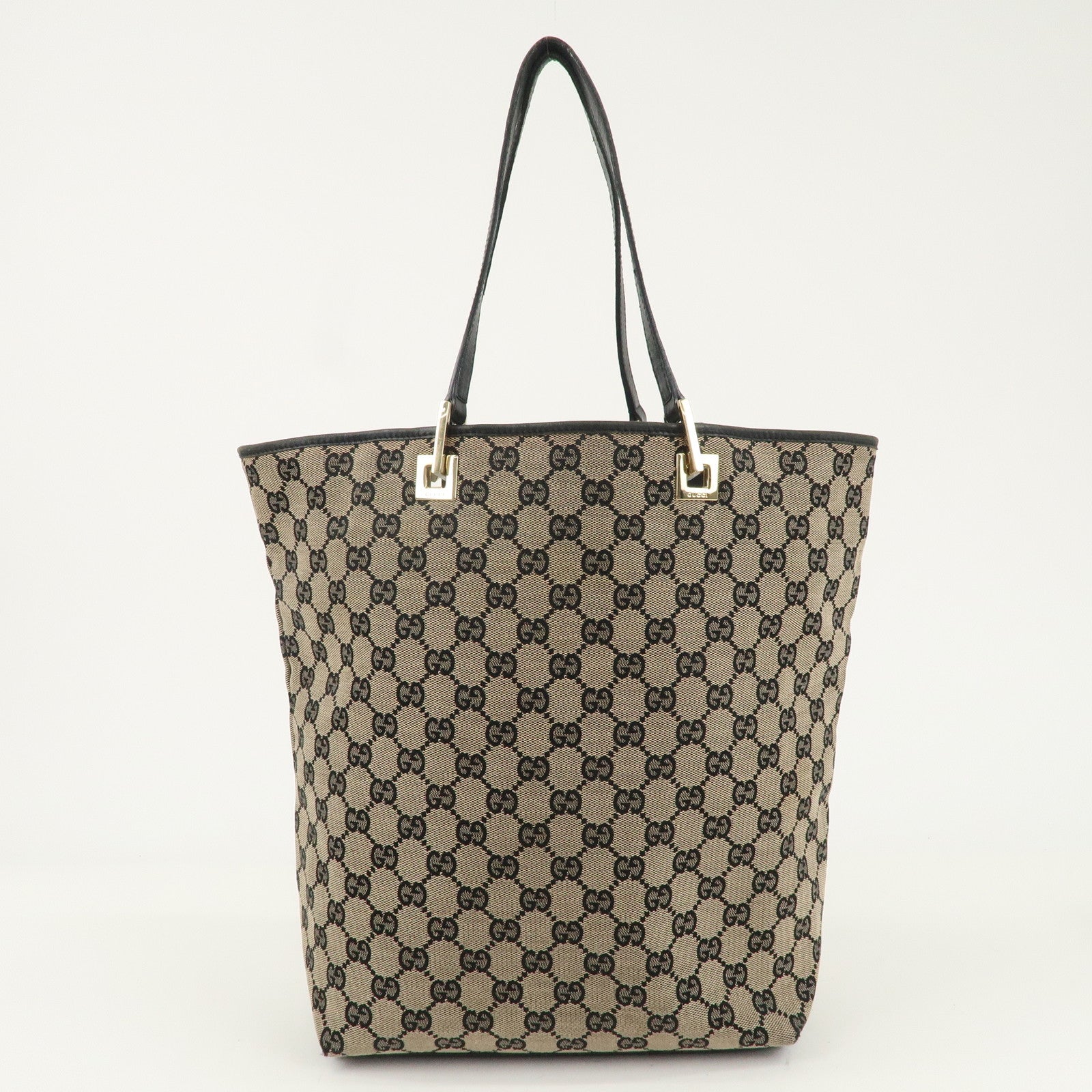 GUCCI GG Canvas Leather Tote Shoulder Bag Beige Black 002.1098