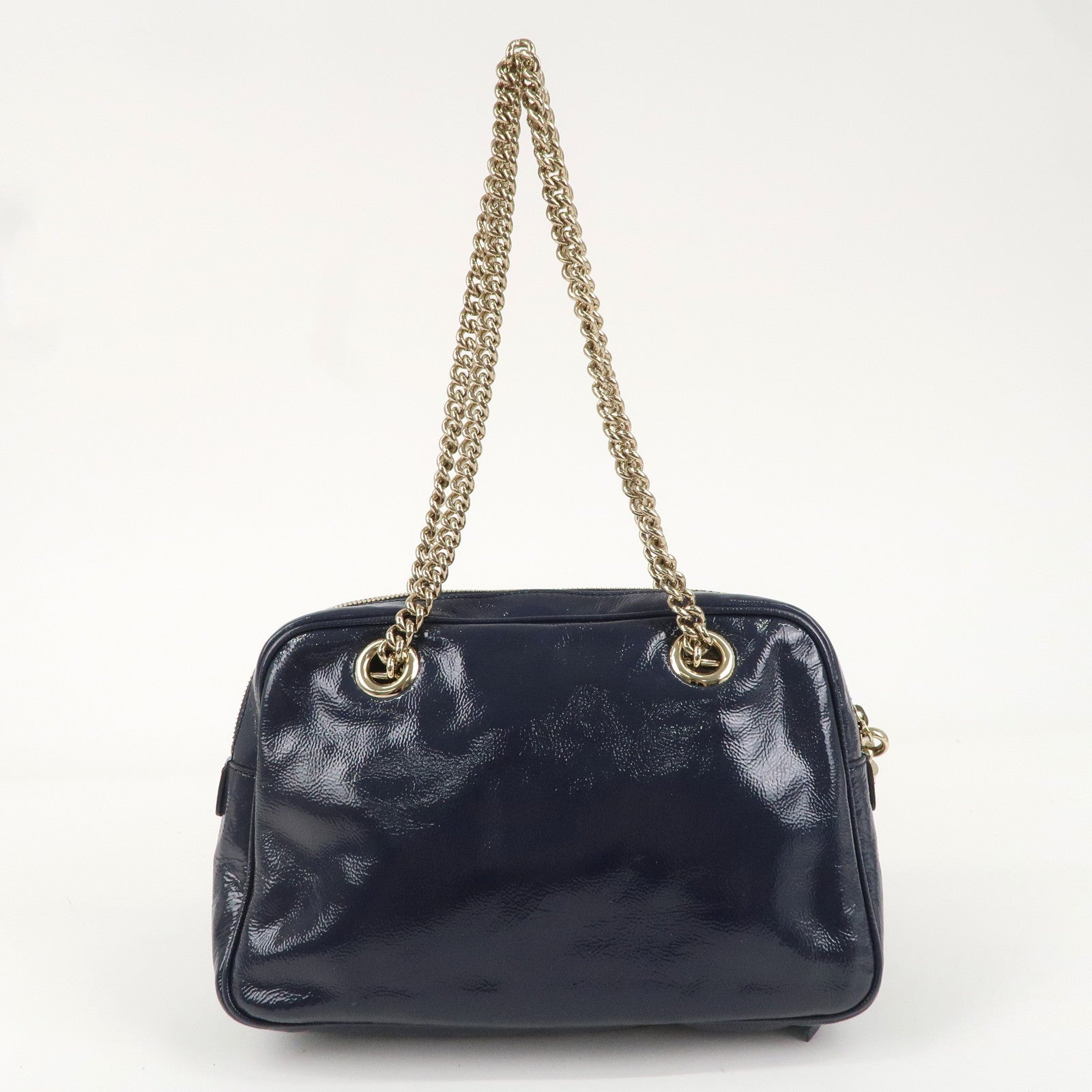 GUCCI SOHO Leather Chain Patent Shoulder Bag Navy 308983Used F/S