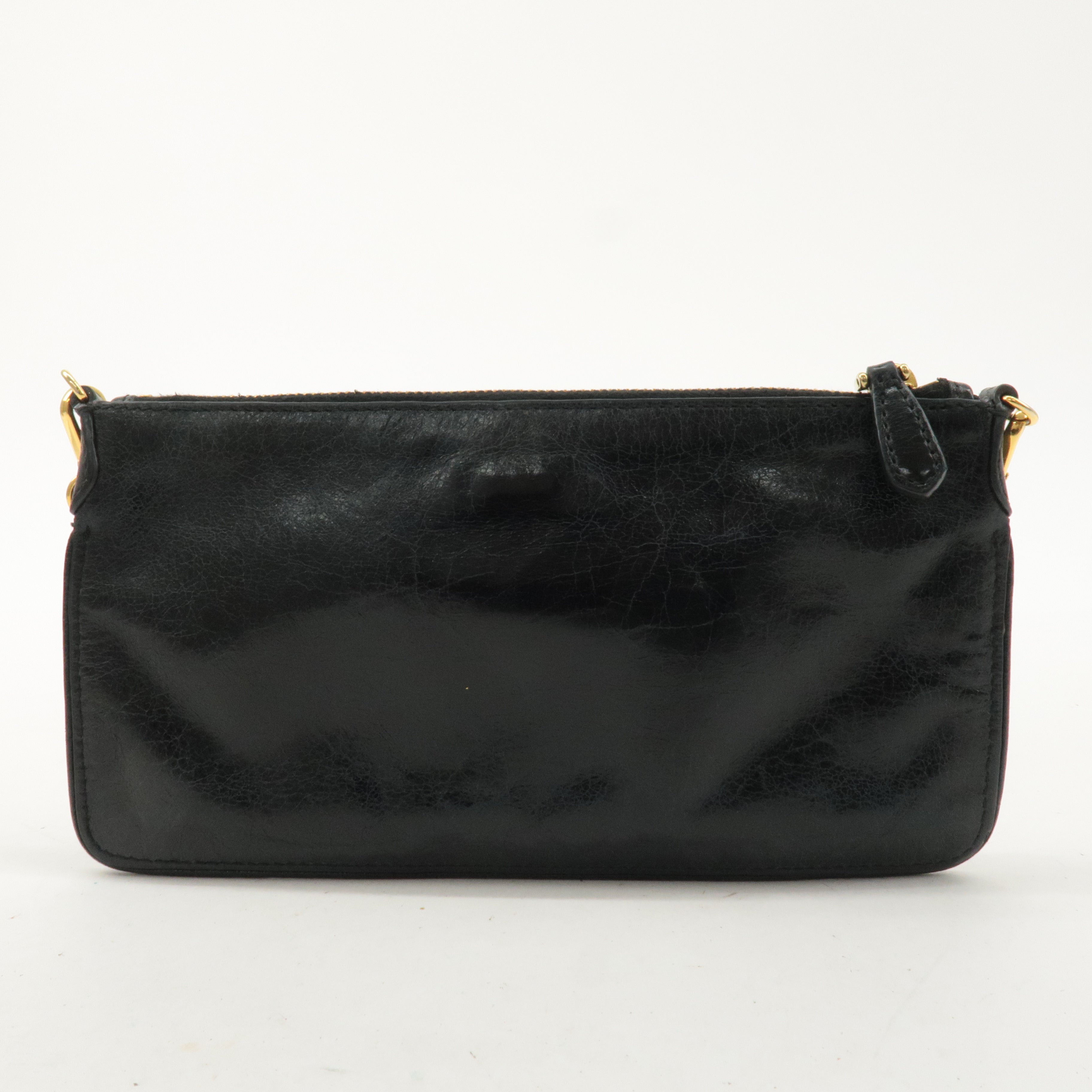 PRADA Logo Leather Pouch with Strap Shoulder Bag Black