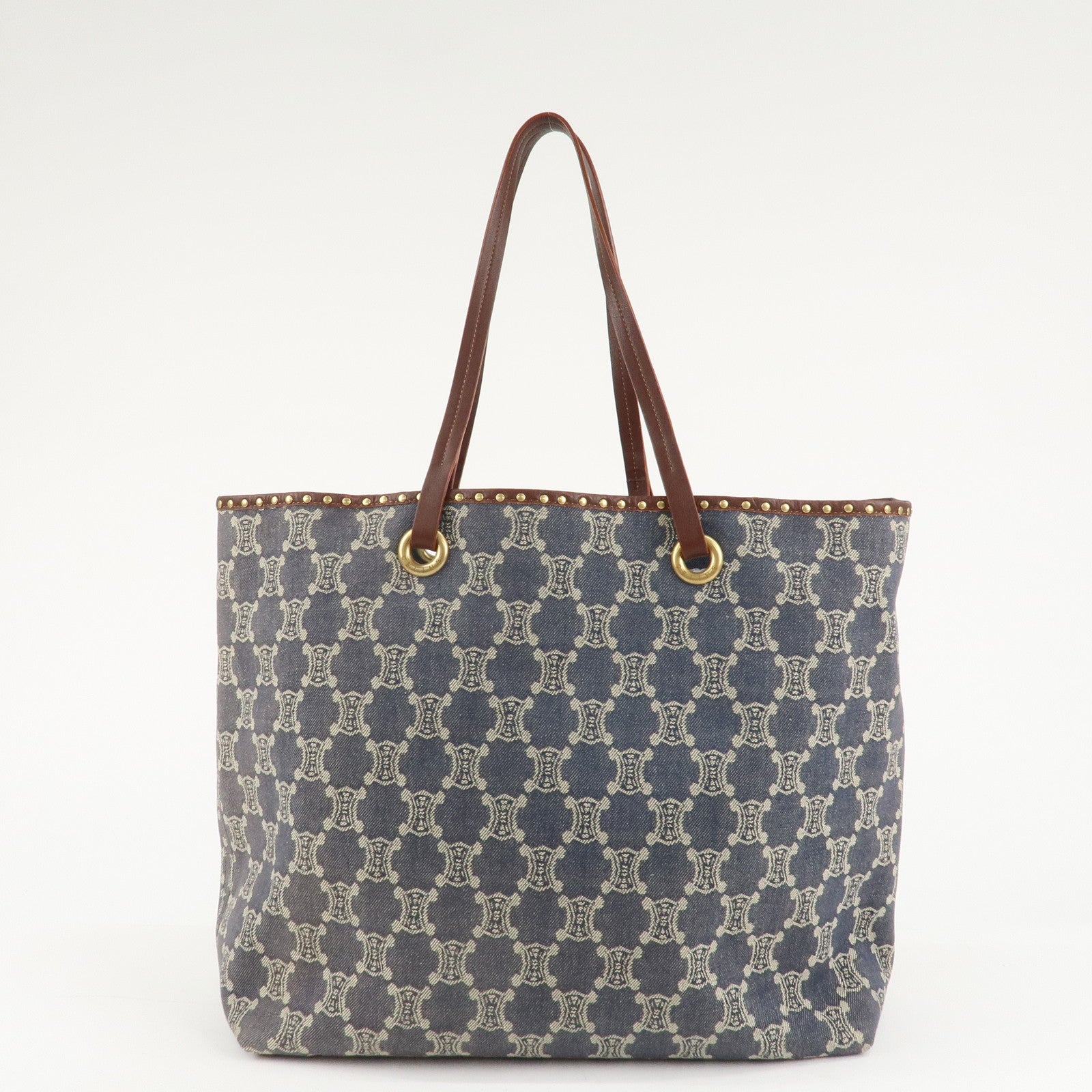 CELINE Macadam Denim Leather Studs Tote Bag Navy Brown Used