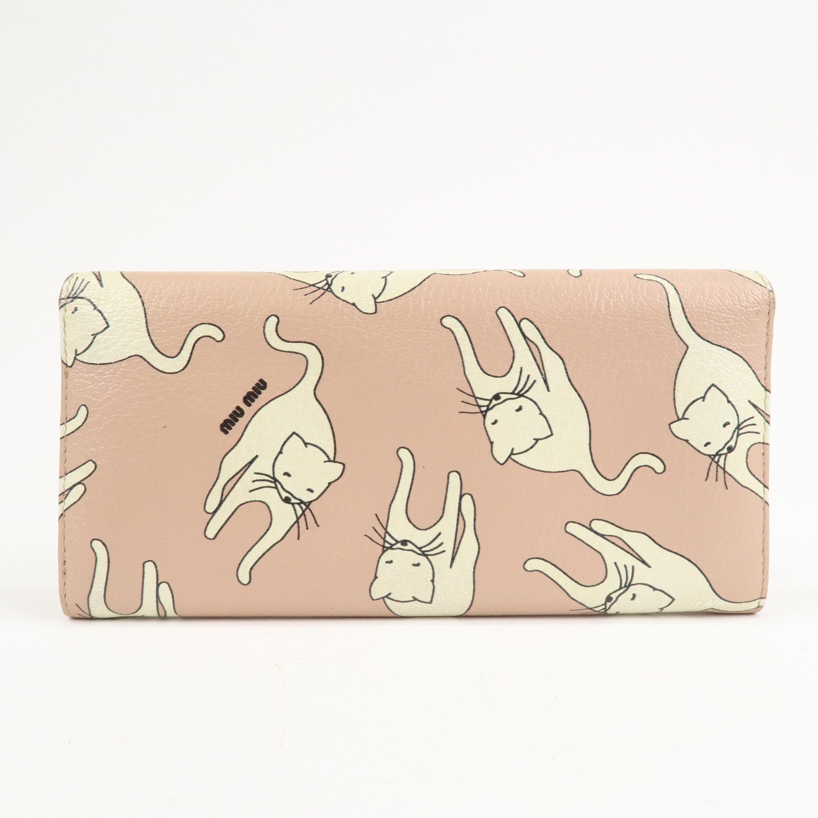 MIU MIU Leather Cat Motif Long Wallet Pink Beige 5MH109