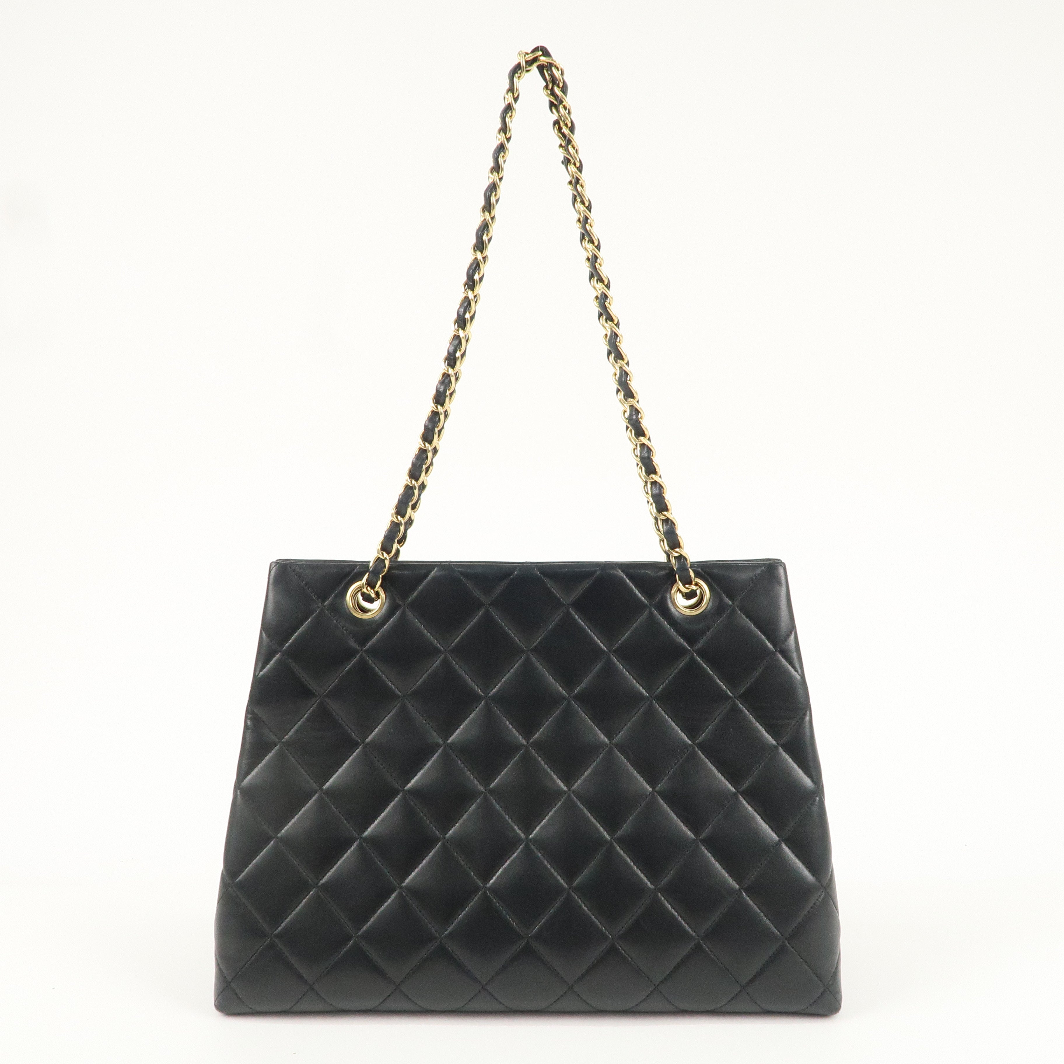 CHANEL Matelasse Lamb Skin Chain Tote Bag Hand Bag Black Gold