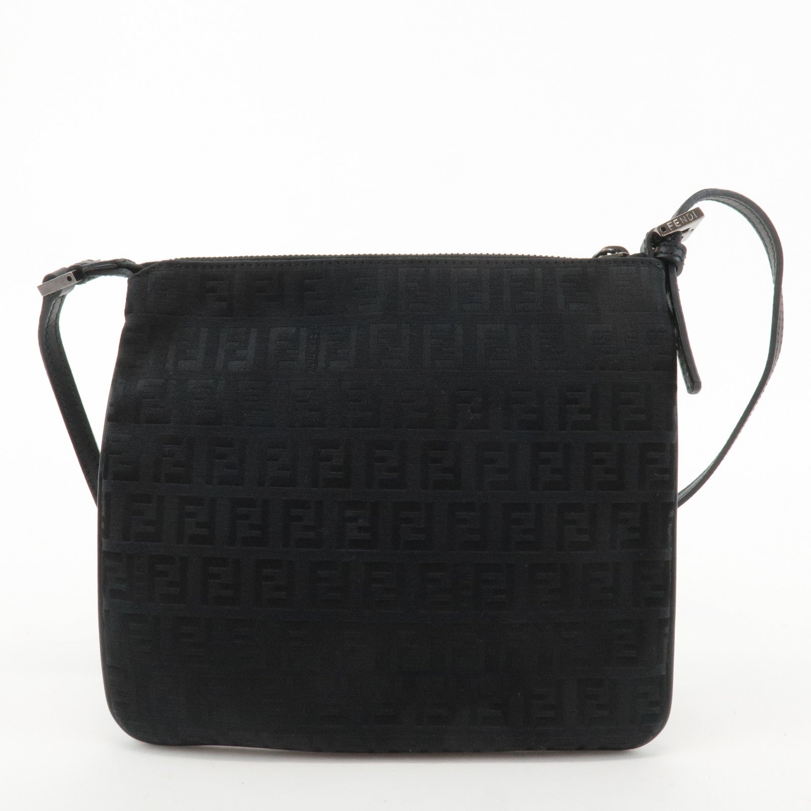 FENDI Zucchino Canvas Leather Shoulder Bag Black 8BT047