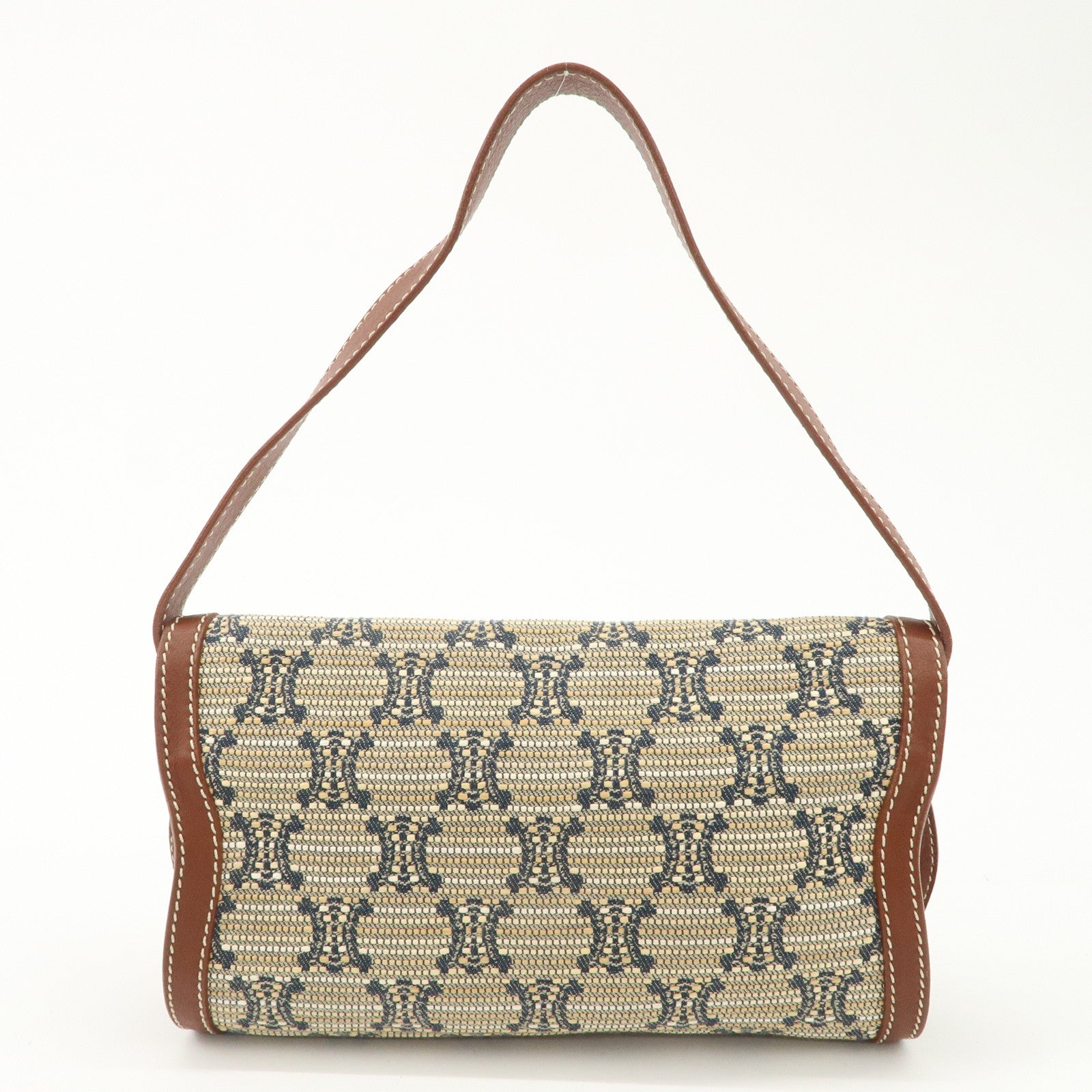 CELINE Macadam Canvas Leather Shoulder Bag Beige Navy Brown Used