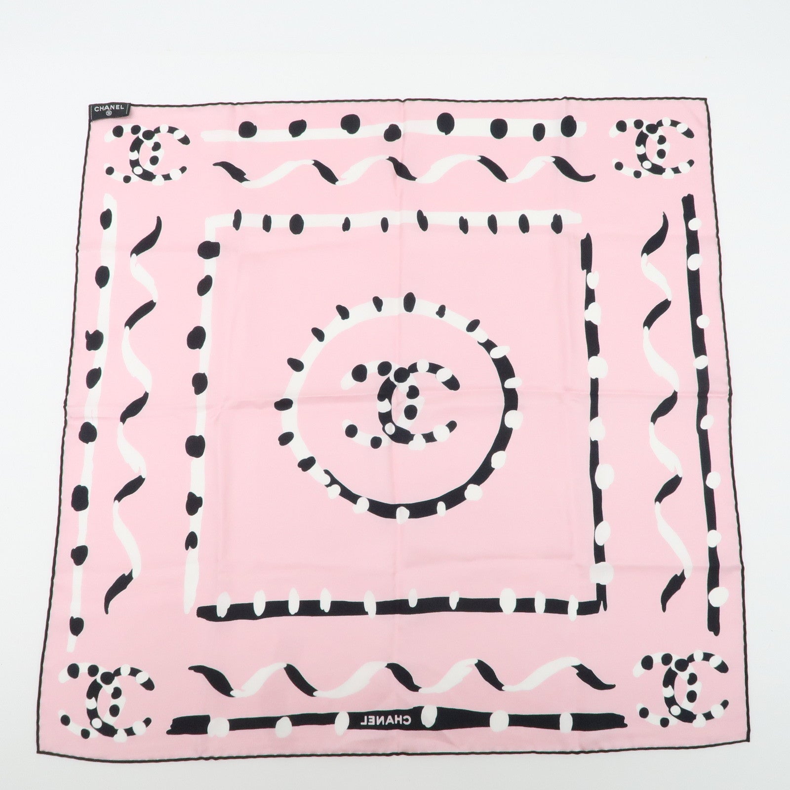 CHANEL COCO Mark Scarf Silk 100 % Pink Black White