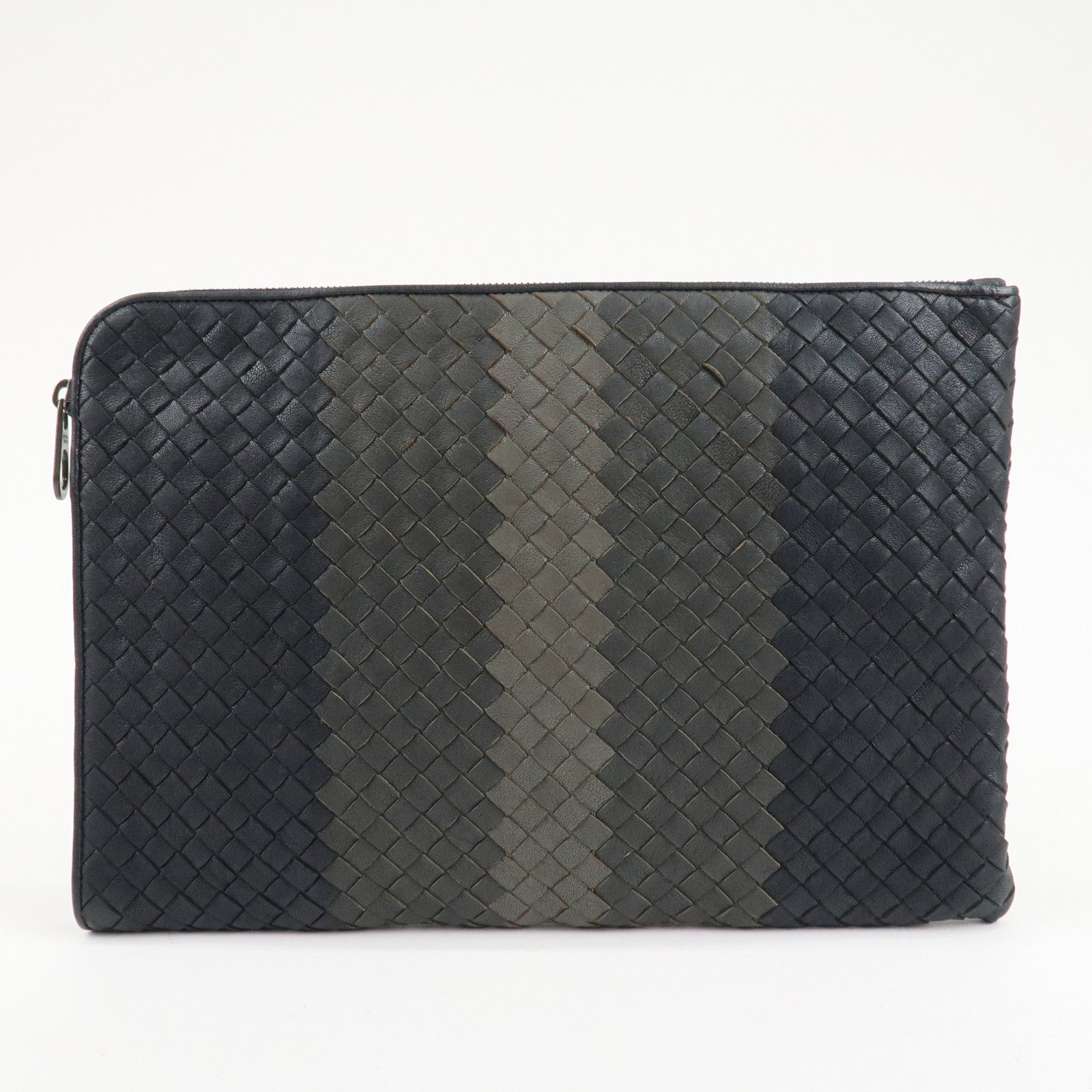 BOTTEGA VENETA Leather Clutch Bag Navy Gray Beige