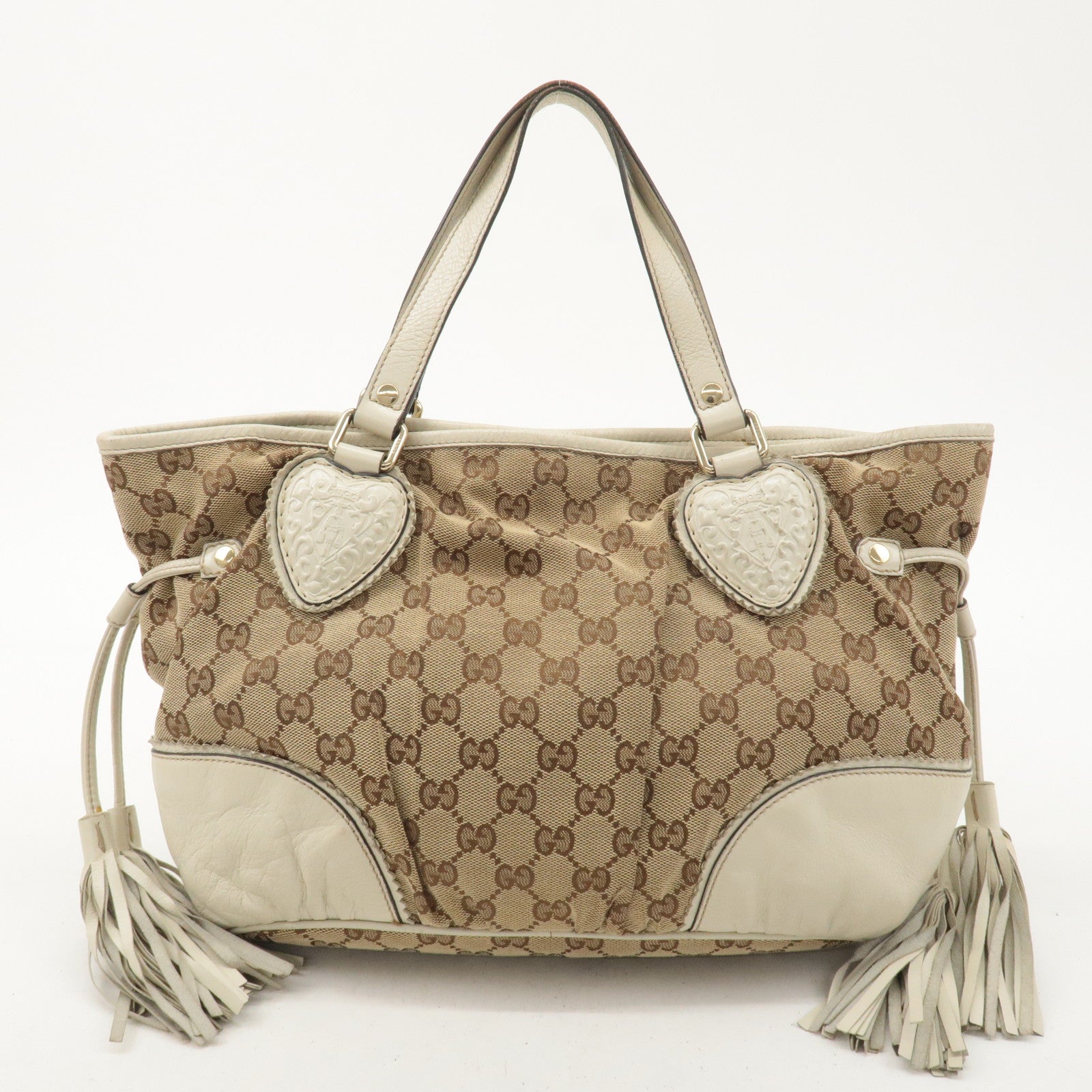 GUCCI GG Canvas Leather Crest Hand Bag Beige Brown 211955