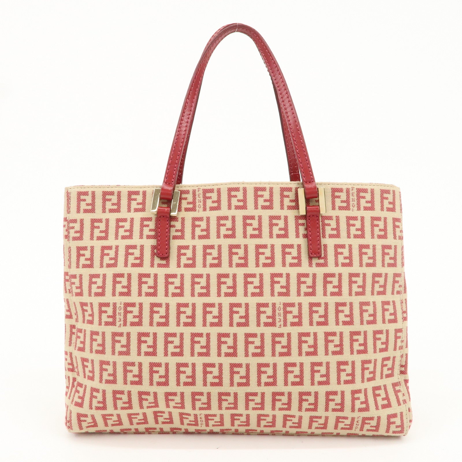 FENDI Zucchino Canvas Leather Tote Hand Bag Beige Red 8BH132