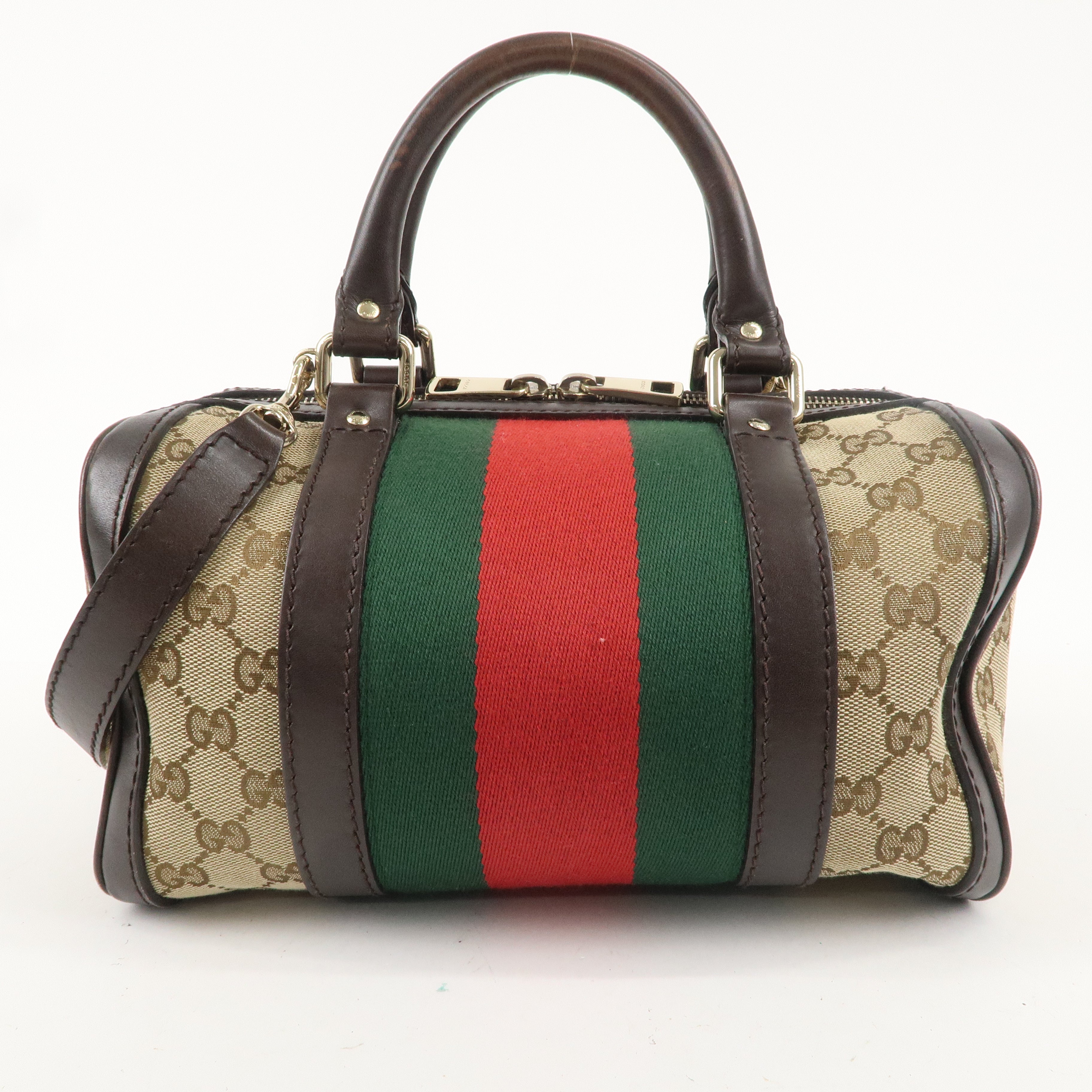 GUCCI Sherry GG Canvas Leather Boston Bag Beige Brown 269876