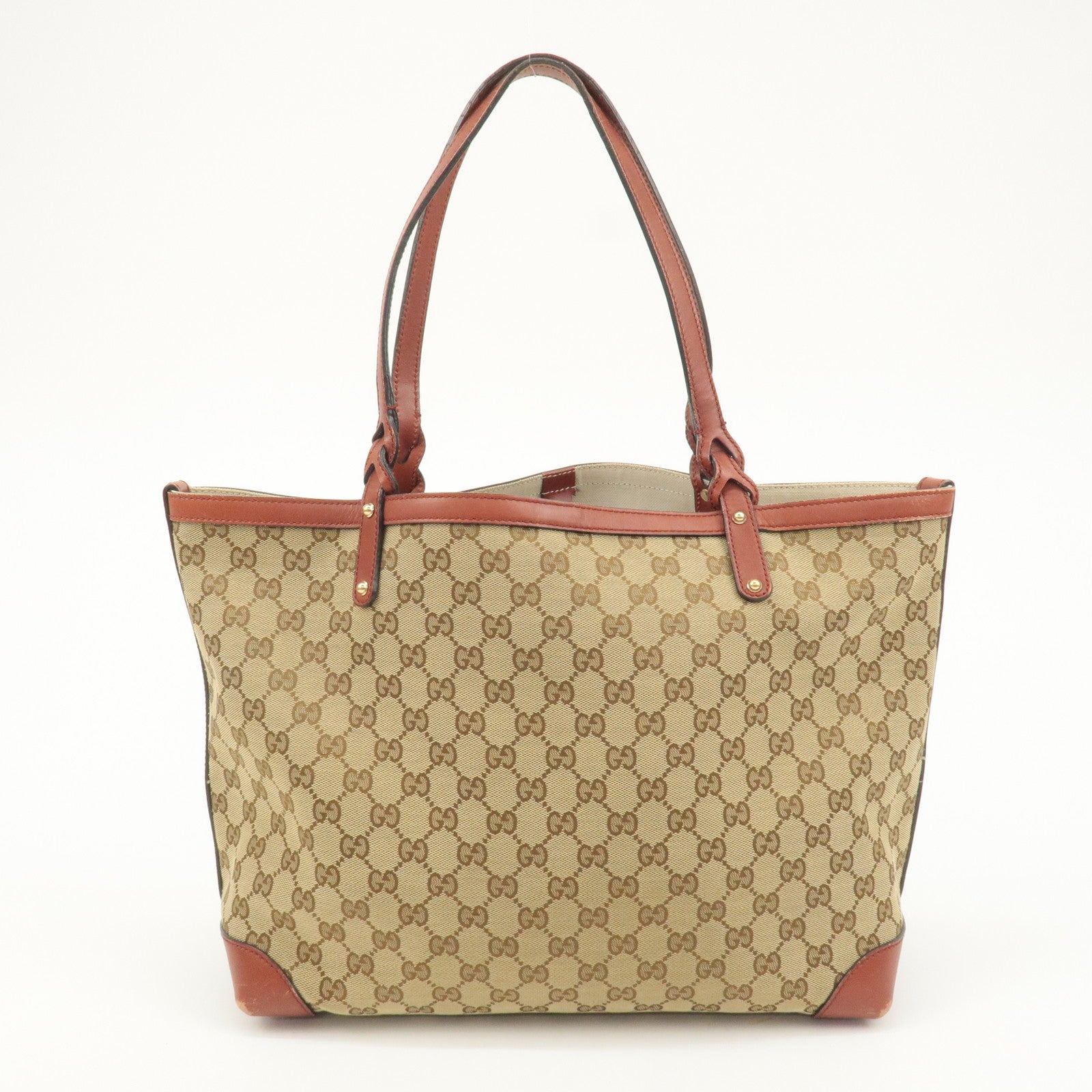 GUCCI GG Canvas Leather Tote Bag Beige Brown 247209