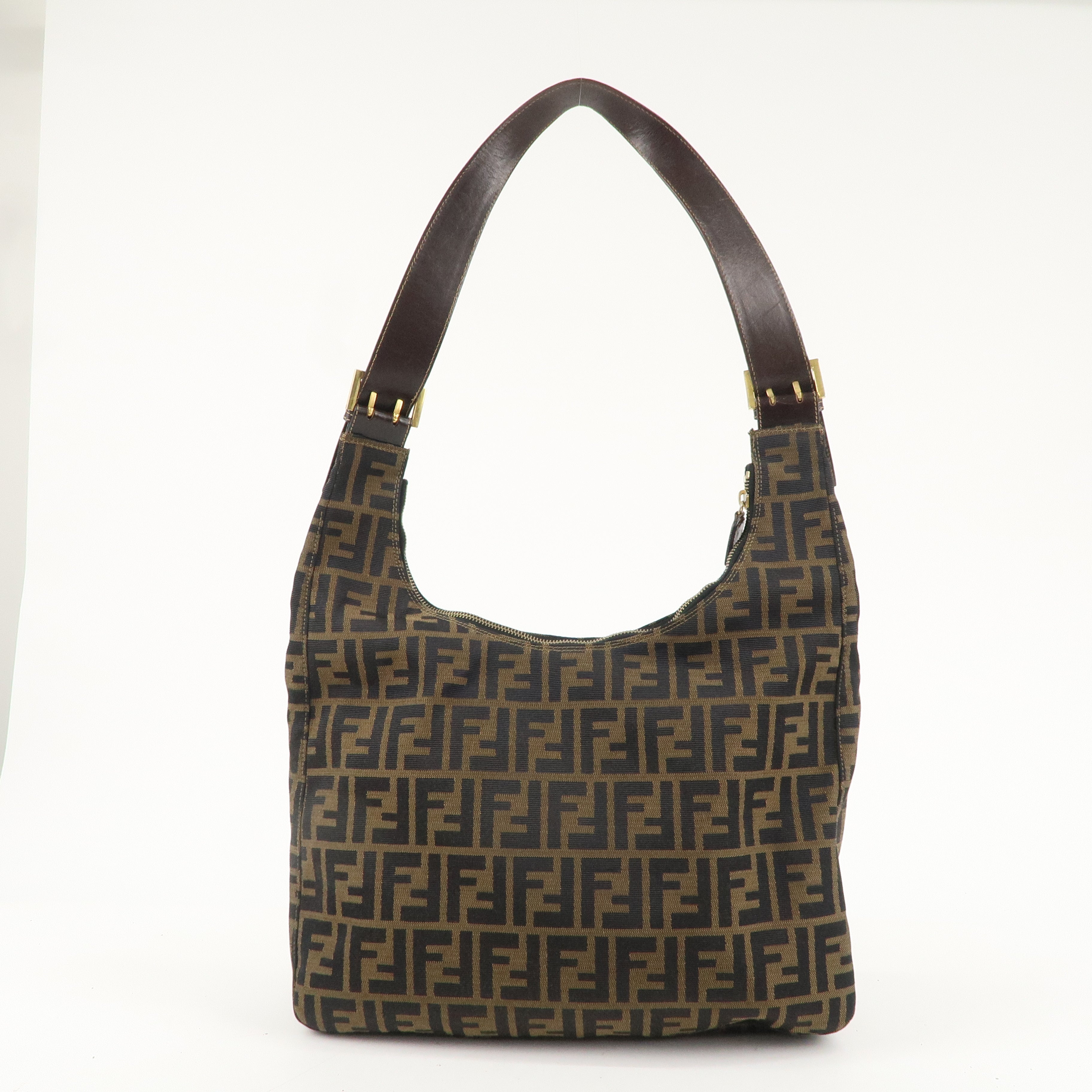 FENDI Zucca Canvas Leather One Shoulder Bag Brown Black