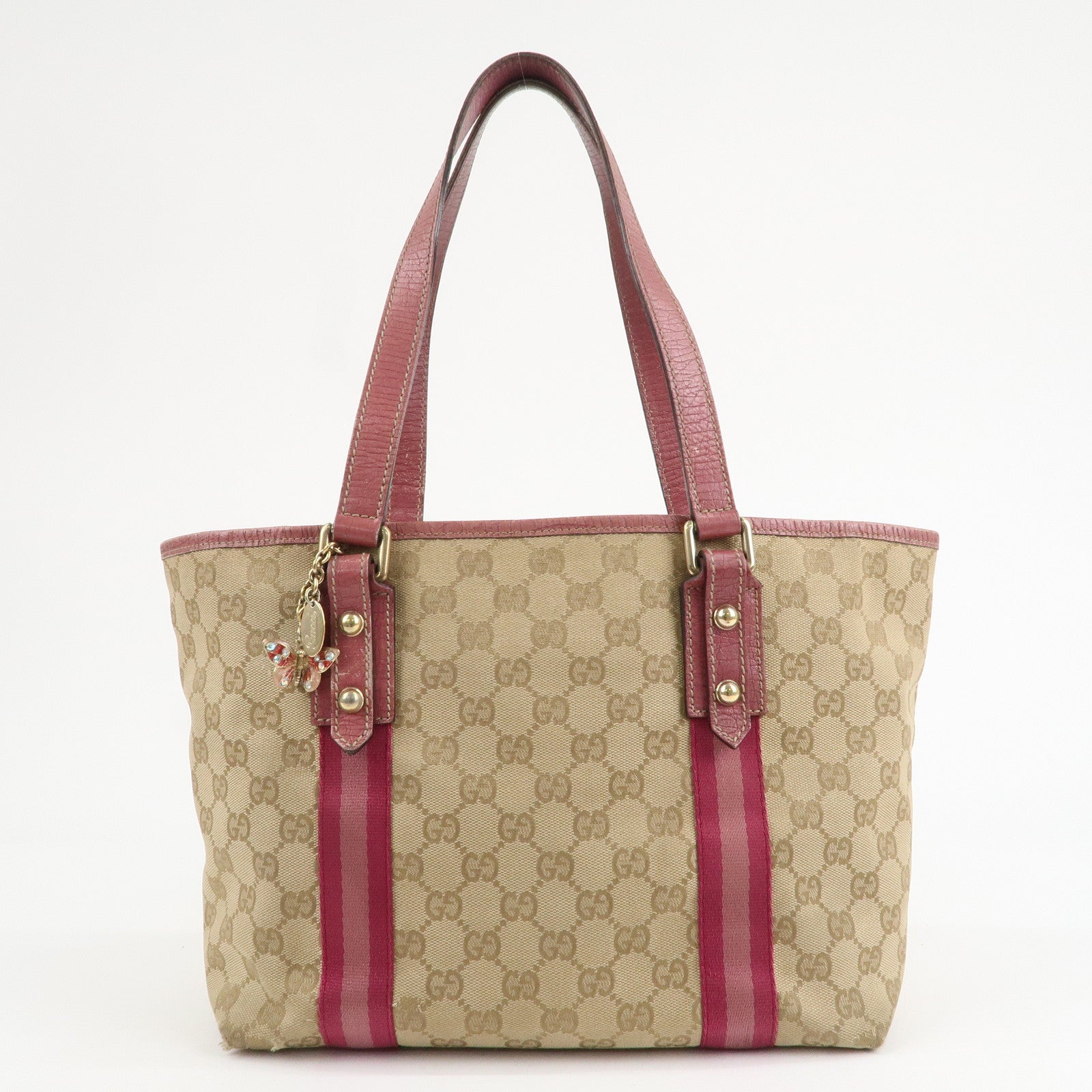 GUCCI Sherry GG Canvas Leather Tote Bag Beige Pink 137396