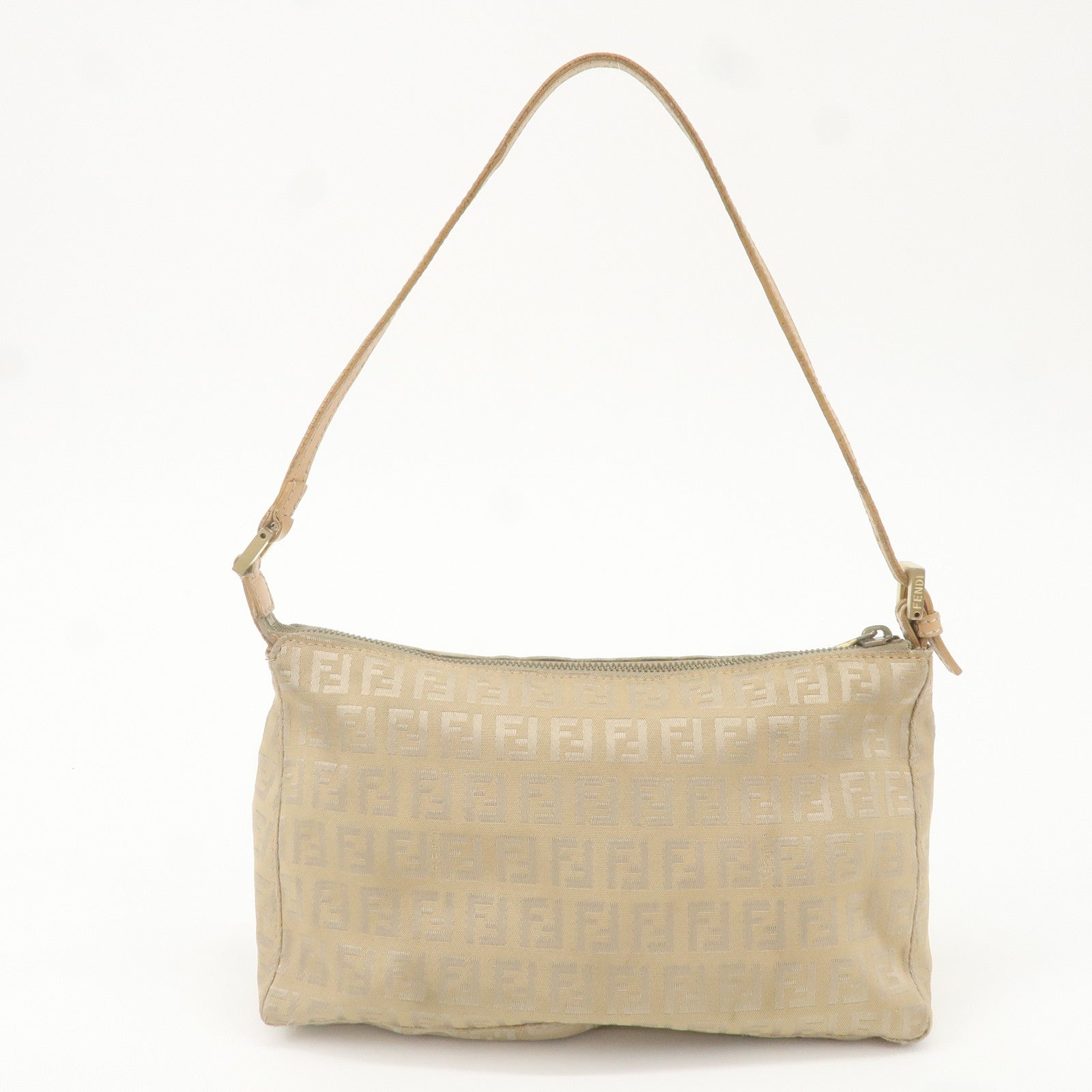 FENDI Zucchino Canvas Leather Shoulder Bag Beige