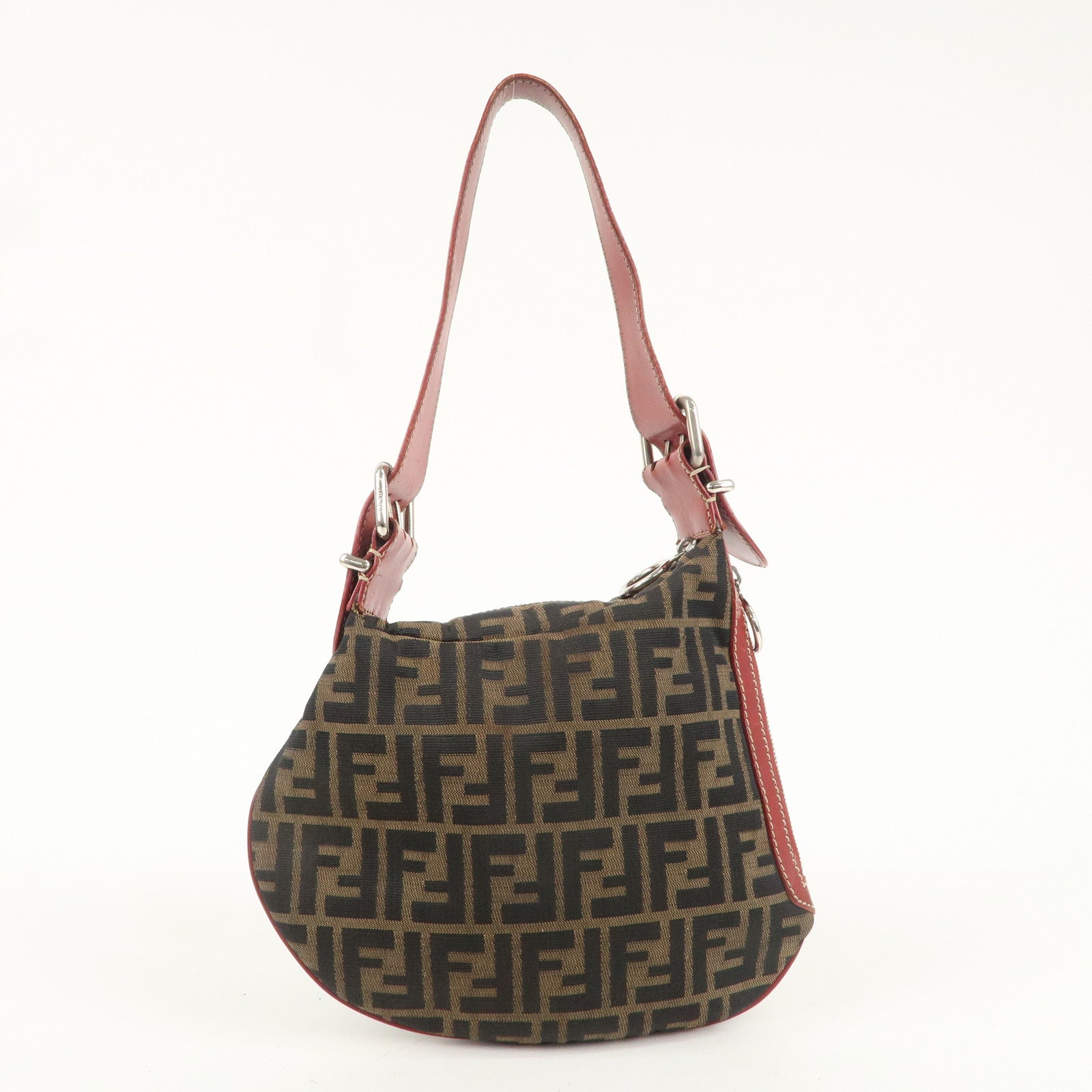 FENDI Zucca Canvas Leather One Shoulder Bag Brown Black Red 8BR128