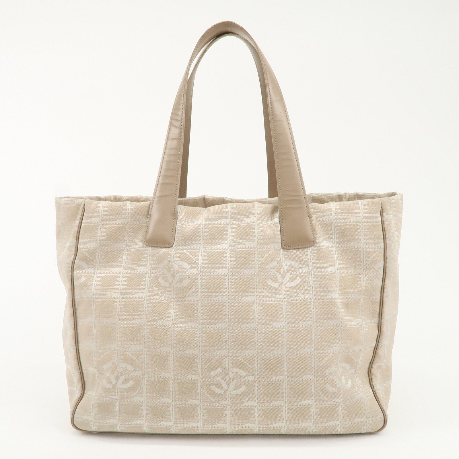 CHANEL New Travel Line Nylon Jacquard Leather Tote Bag Beige A15991 Used