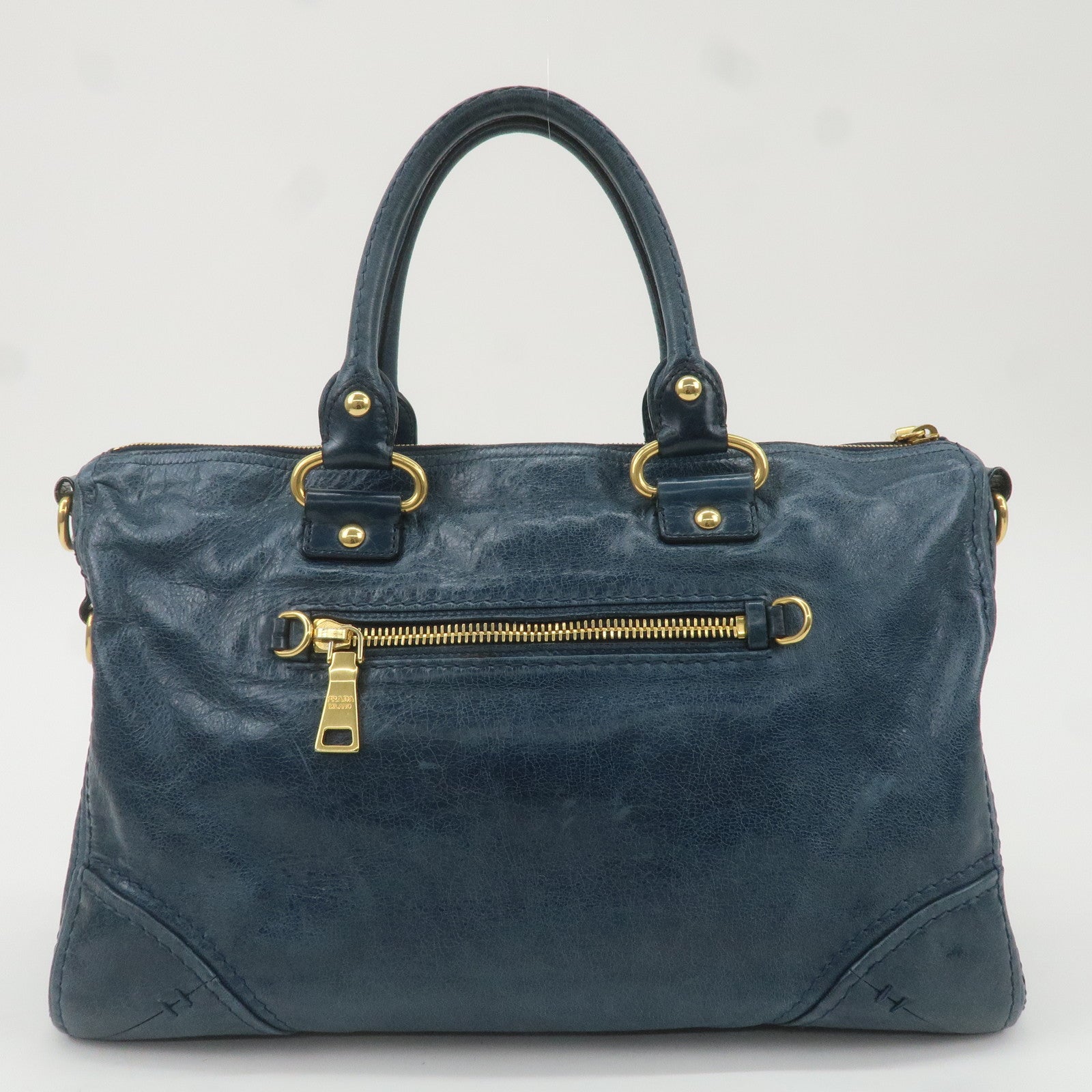 PRADA Leather 2Way Bag Shoulder Bag Blue BL0678