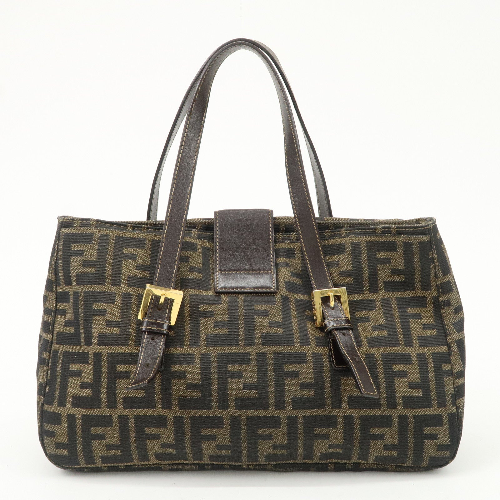 FENDI Zucca Canvas Leather Hand Bag Brown Black Gold Hardware Used