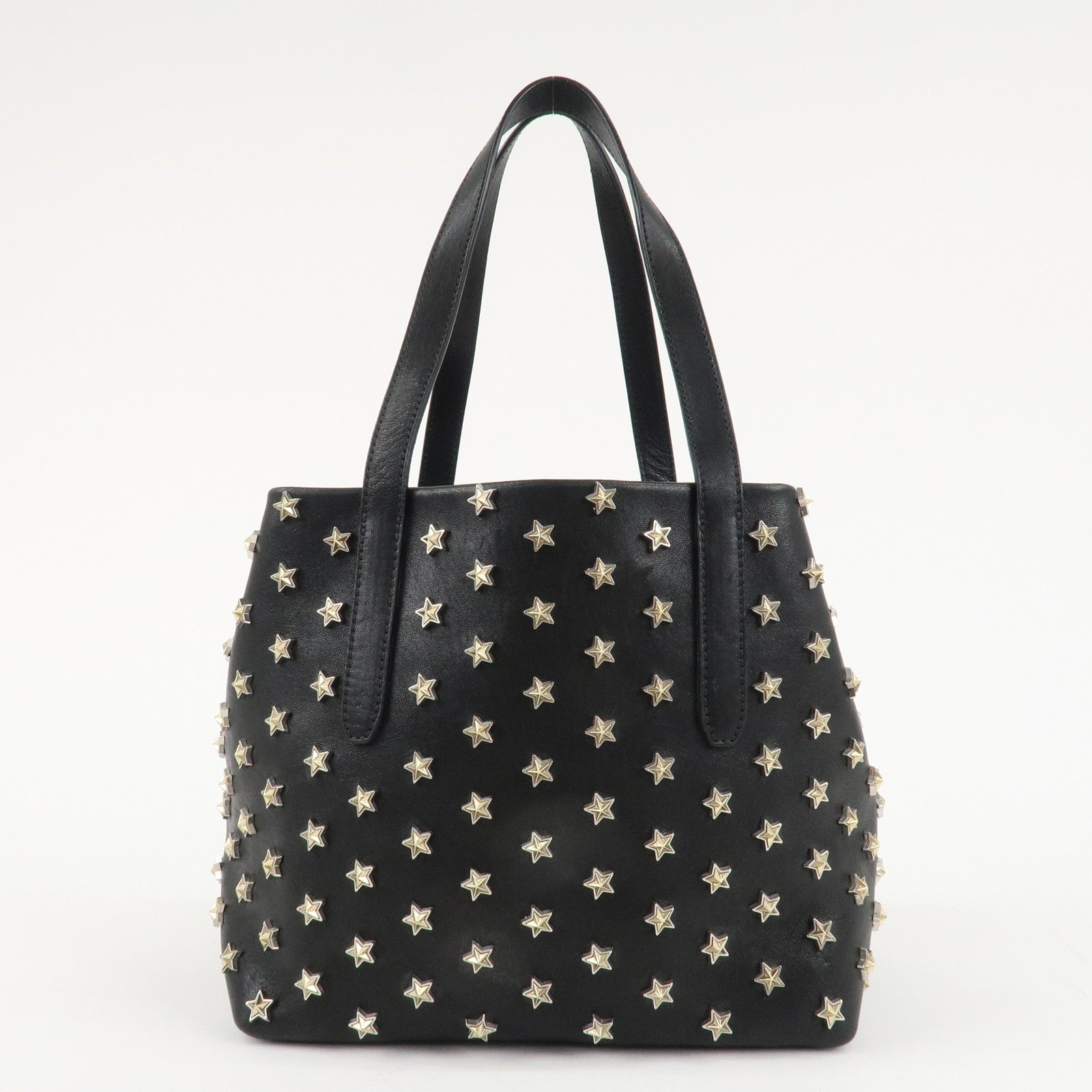 JIMMY CHOO Leather Tote Bag Hand Bag Star Studs Black Gold HDW