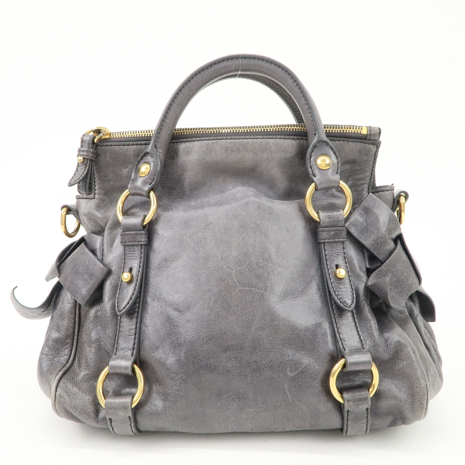 MIU MIU Leather Side Ribbon 2Way Shoulder Bag Hand Bag Gray Used