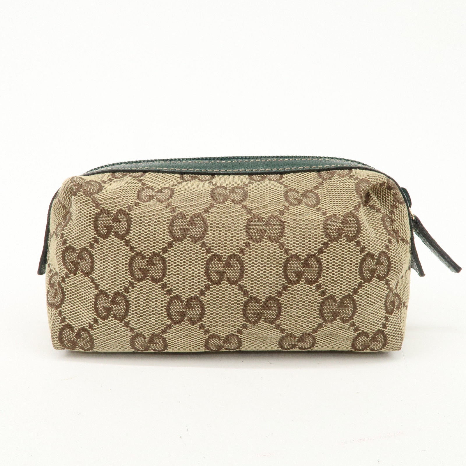 GUCCI GG Canvas Leather Cosmetic Pouch Beige Green 29596