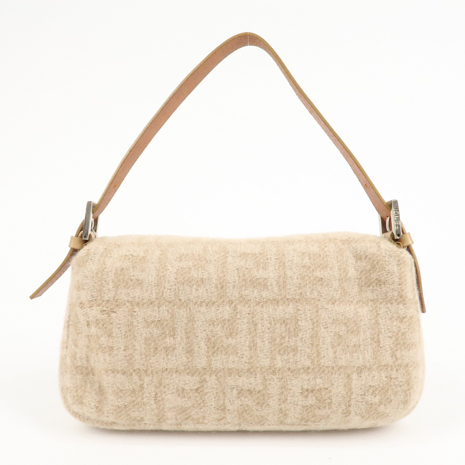 FENDI Mamma Baguette Zucca Wool Leather Shoulder Bag Beige 26424