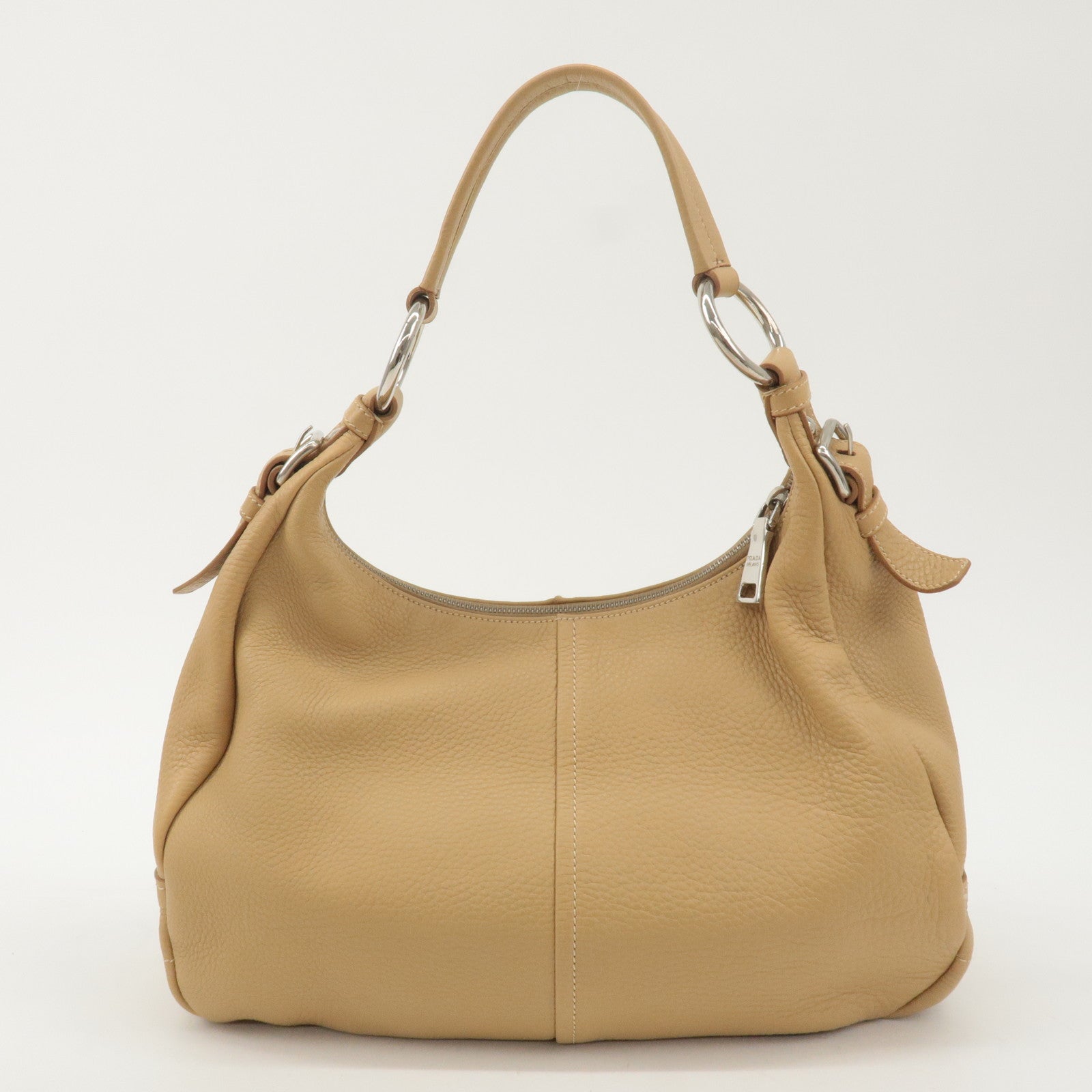 PRADA Logo Leather One Shoulder Bag Hand Bag Beige BR4373