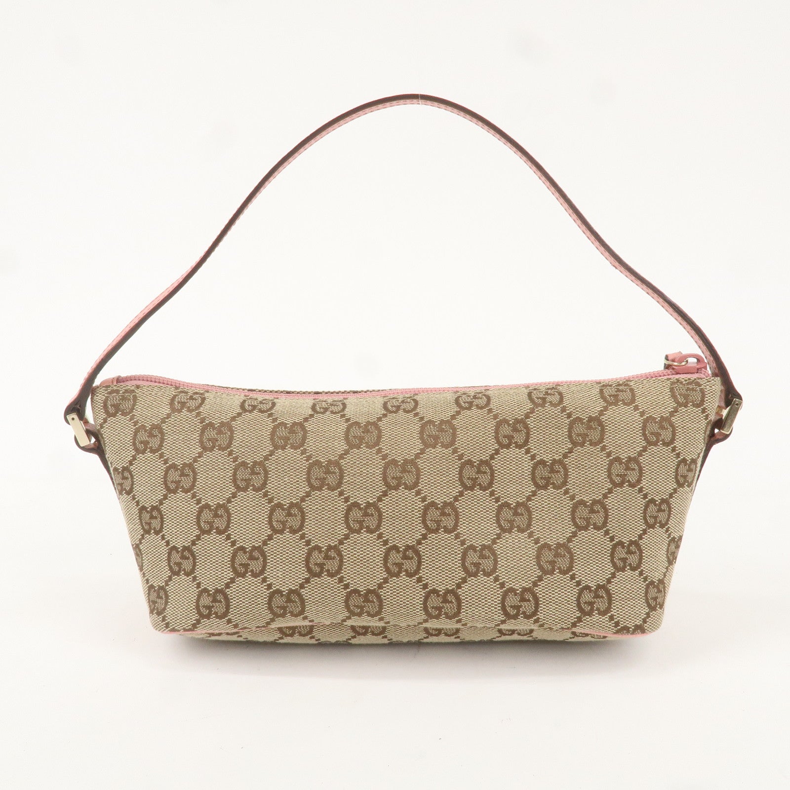 GUCCI GG Canvas Leather Boat Bag Hand Bag Pouch Beige Pink 7198