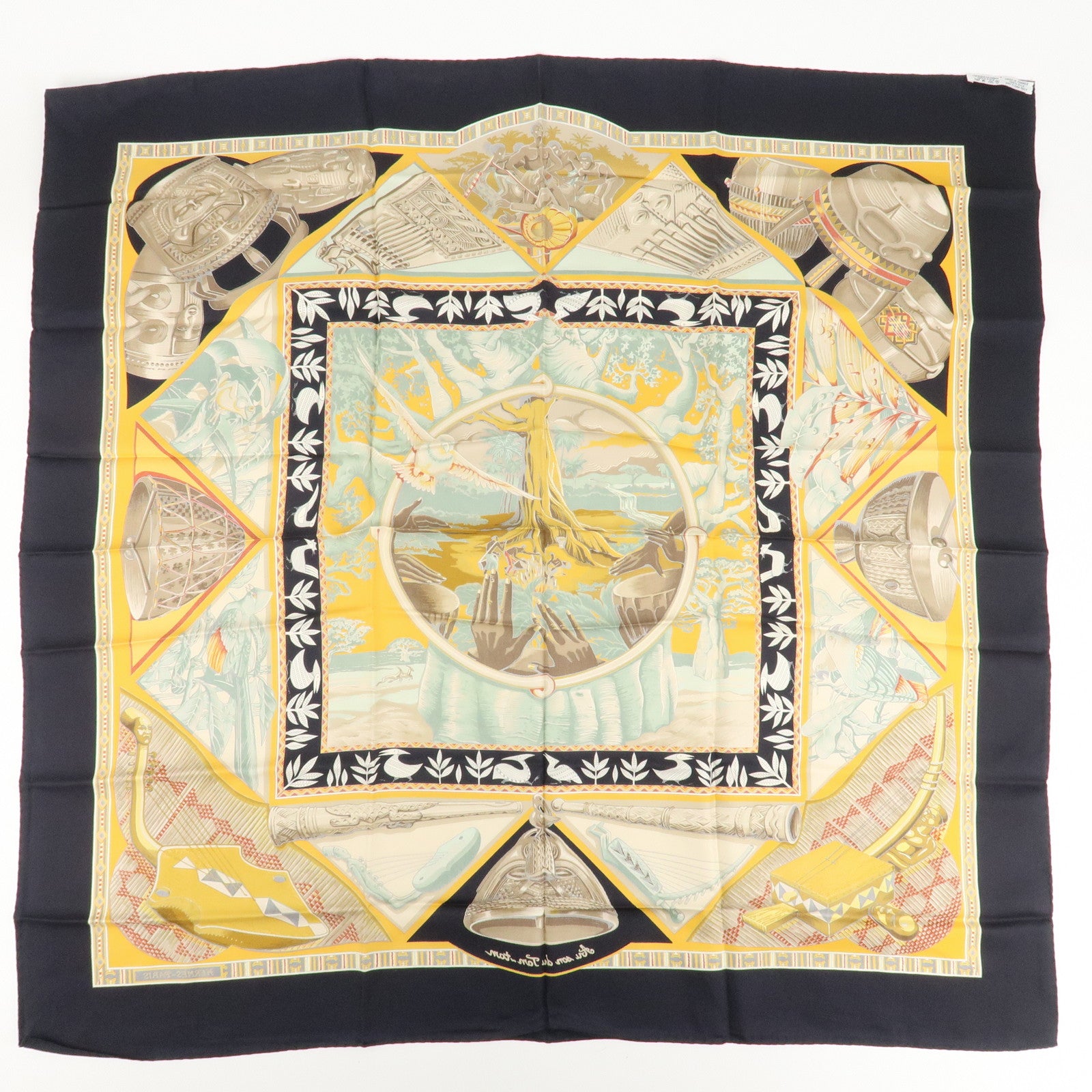 HERMES Silk 100% Carre 90 Scarf Au Son du Tam Tam Black Beige