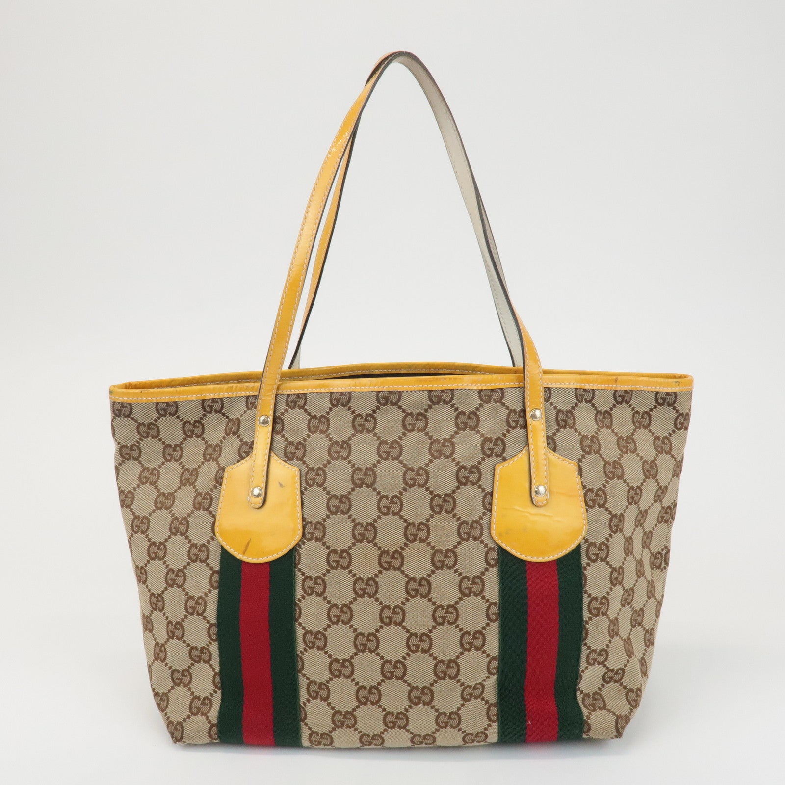 GUCCI Sherry GG Canvas Patent Leather Tote Bag Hand Bag 211971