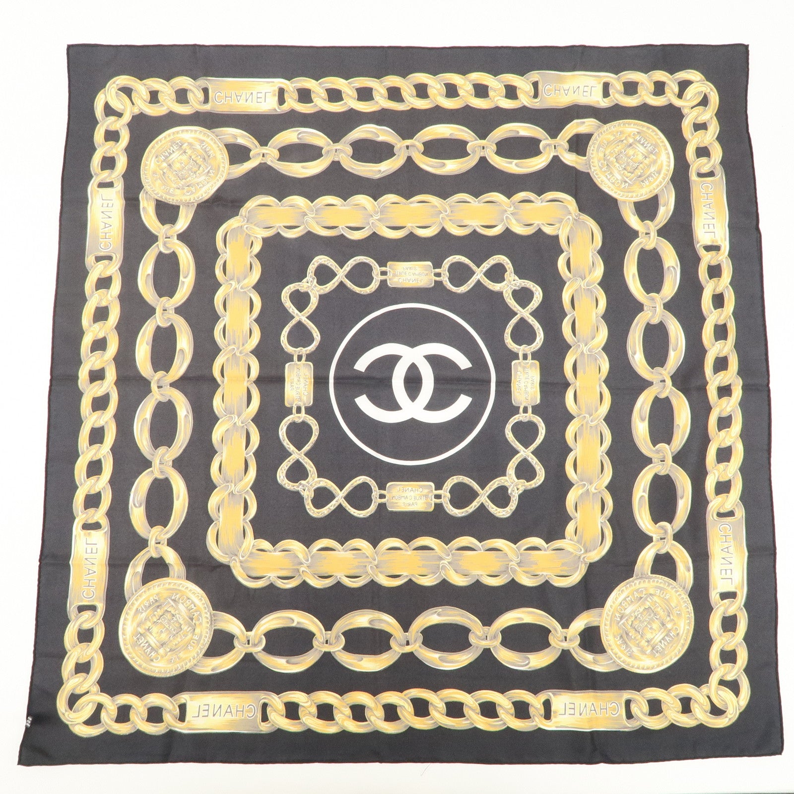 CHANEL Silk 100 % Scarf Coco Mark Chain Black Gold Used