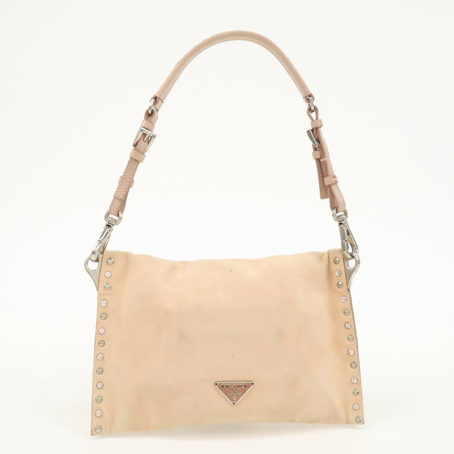 PRADA Suede Leather Triangle Logo Studs Bijou Semi-Shoulder Bag