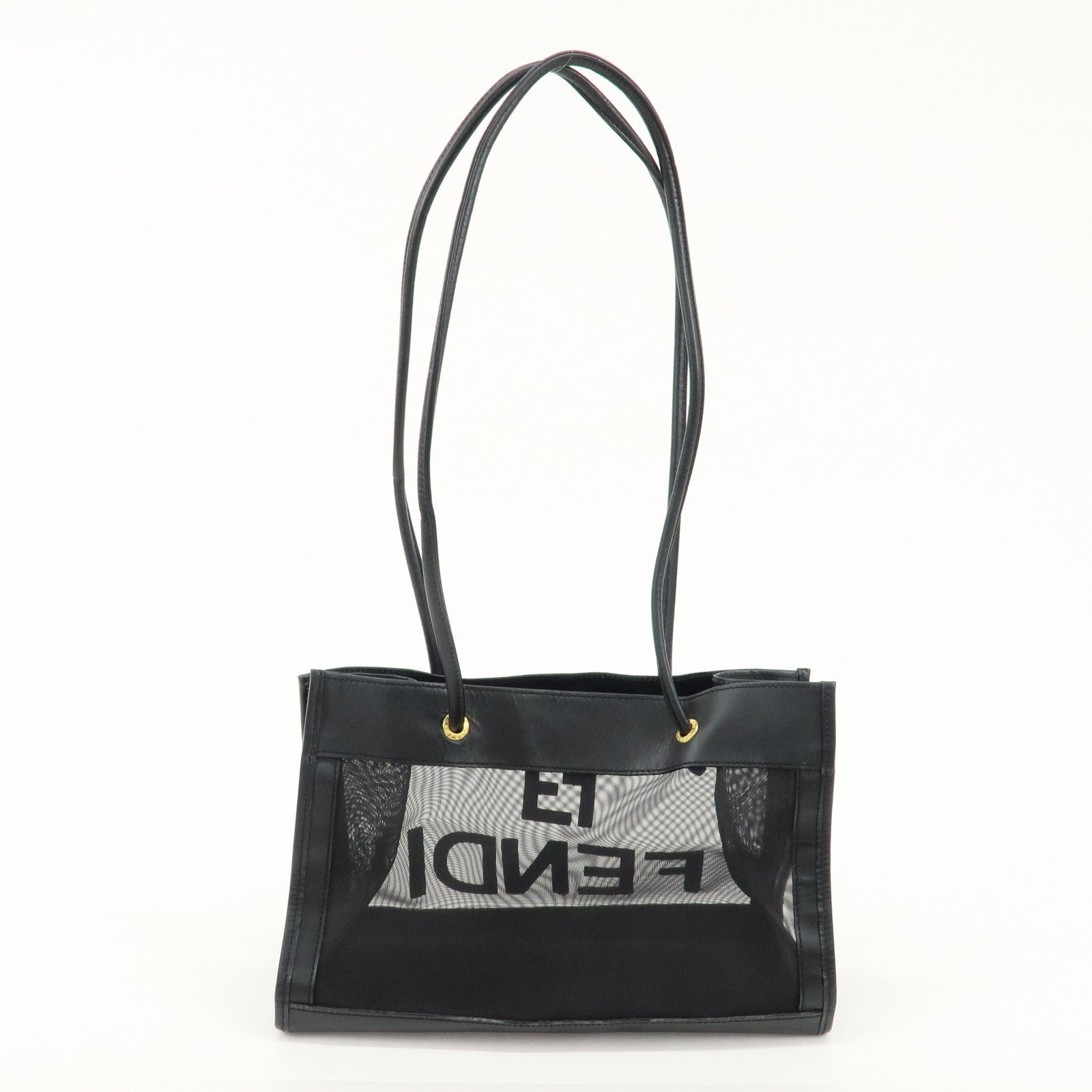 FENDI Mesh Leather Logo Tote Bag Hand Bag Black Small