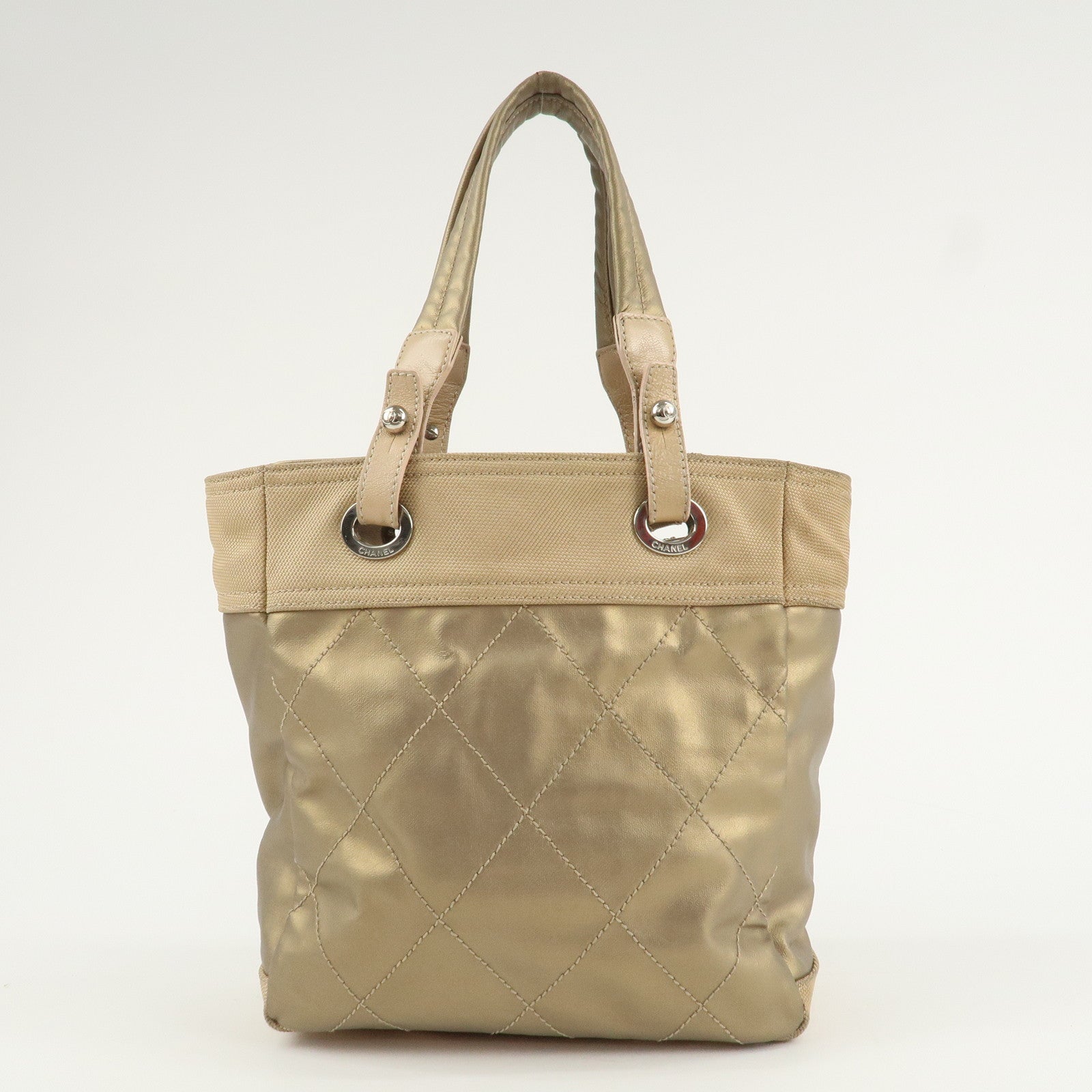 CHANEL Paris Biarritz Coating Canvas Leather Tote Bag PM Gold Used