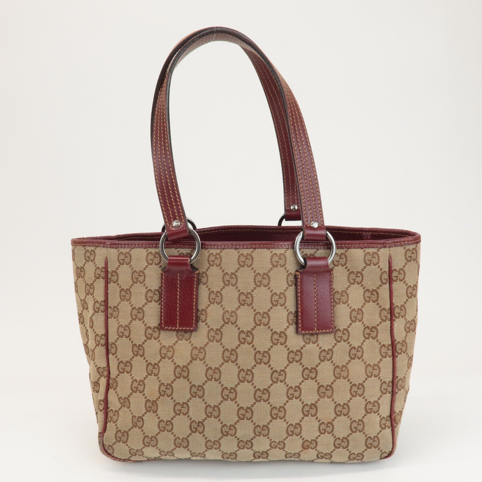 GUCCI GG Canvas Leather Tote Bag Hand Bag Beige Bordeaux 113019