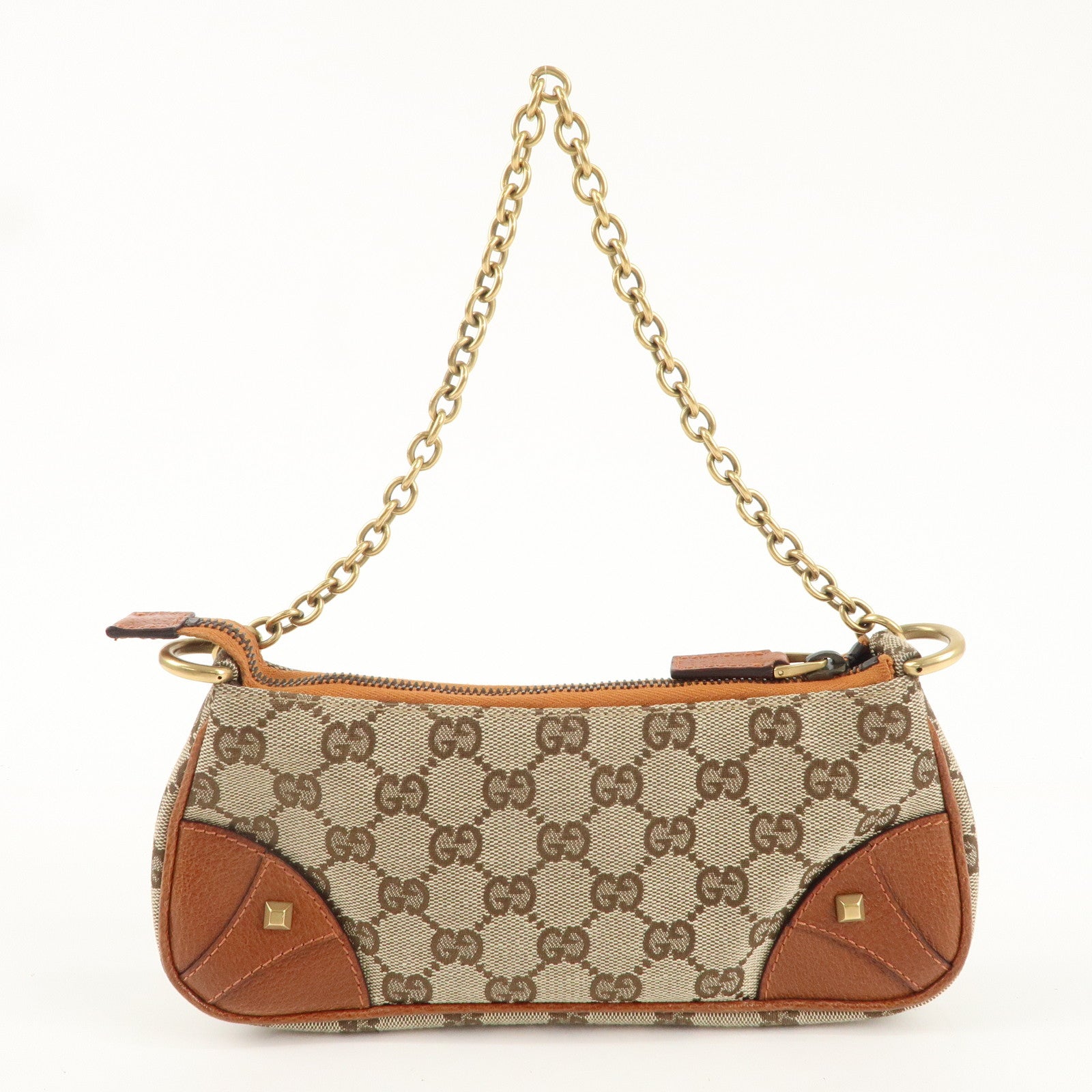 GUCCI GG Canvas Leather Chain Hand Bag Pouch Beige Brown 120940