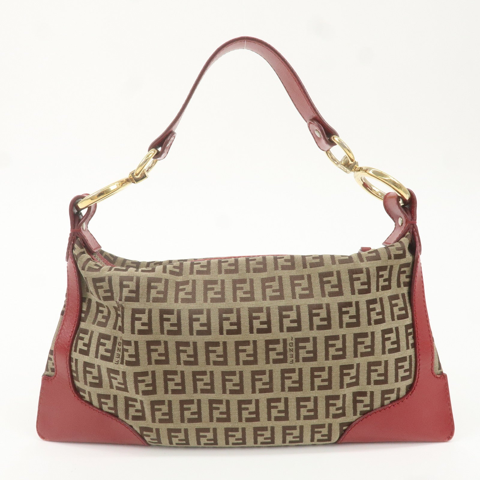 FENDI Zucchino Canvas Leather Shoulder Bag Beige Red 8BR464