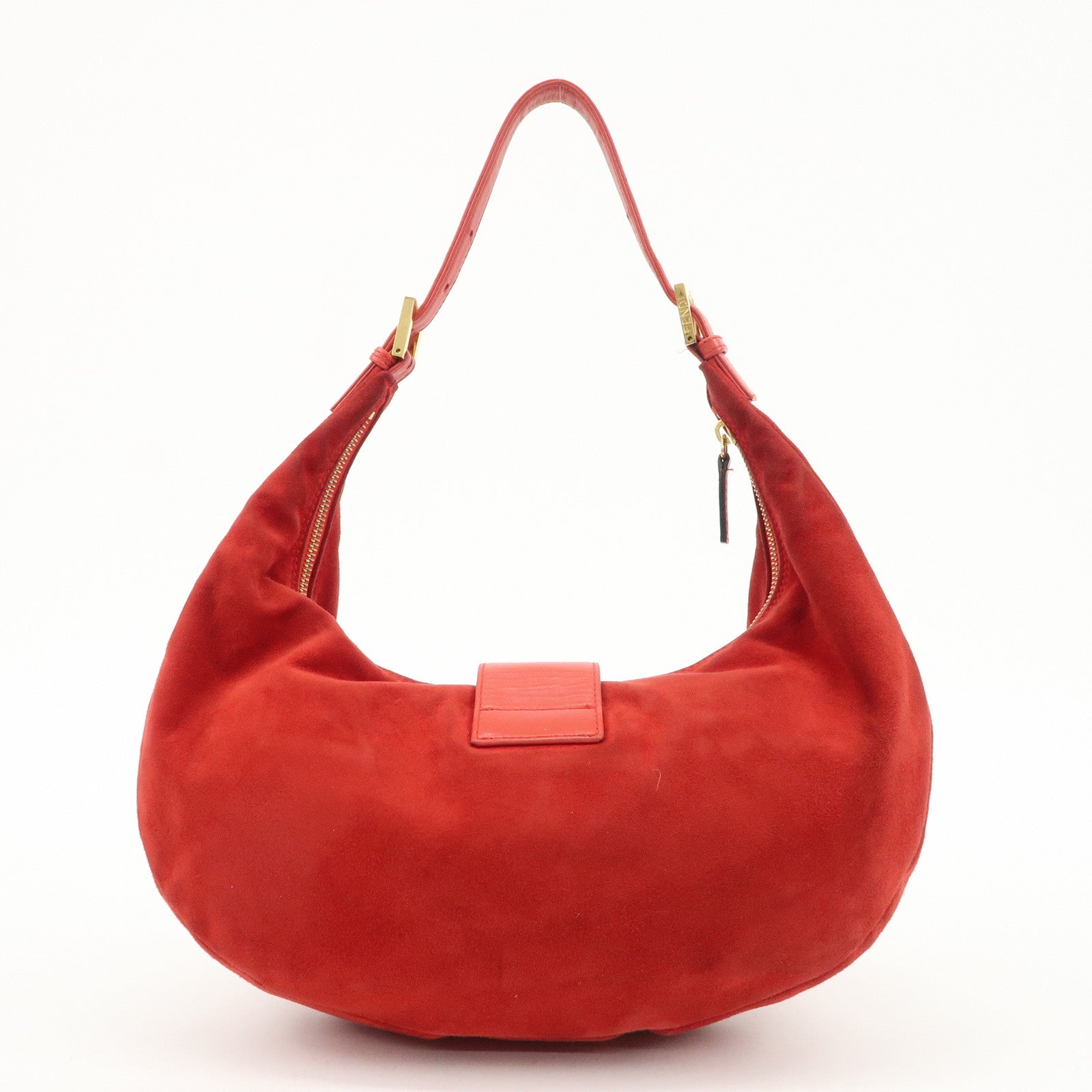 FENDI Suede Leather Shoulder Bag Red Gold Hardware