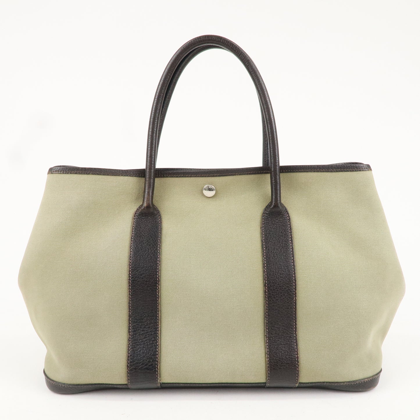 HERMES Canvas Leather Garden Party PM T Stamped Tote Bag Khaki