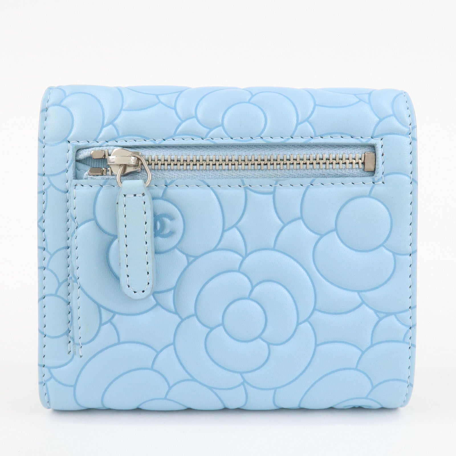 CHANEL Camelia Lamb Skin Bi-fold Wallet Blue