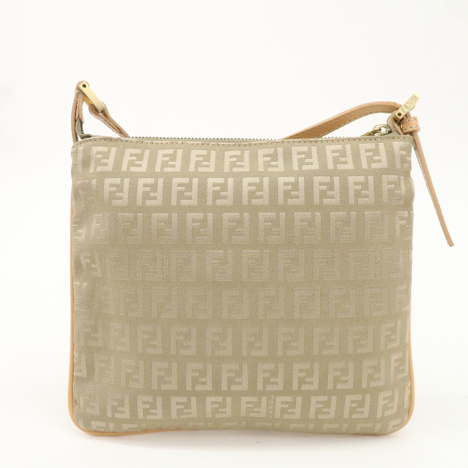 FENDI Zucchino Canvas Leather Shoulder Bag Beige