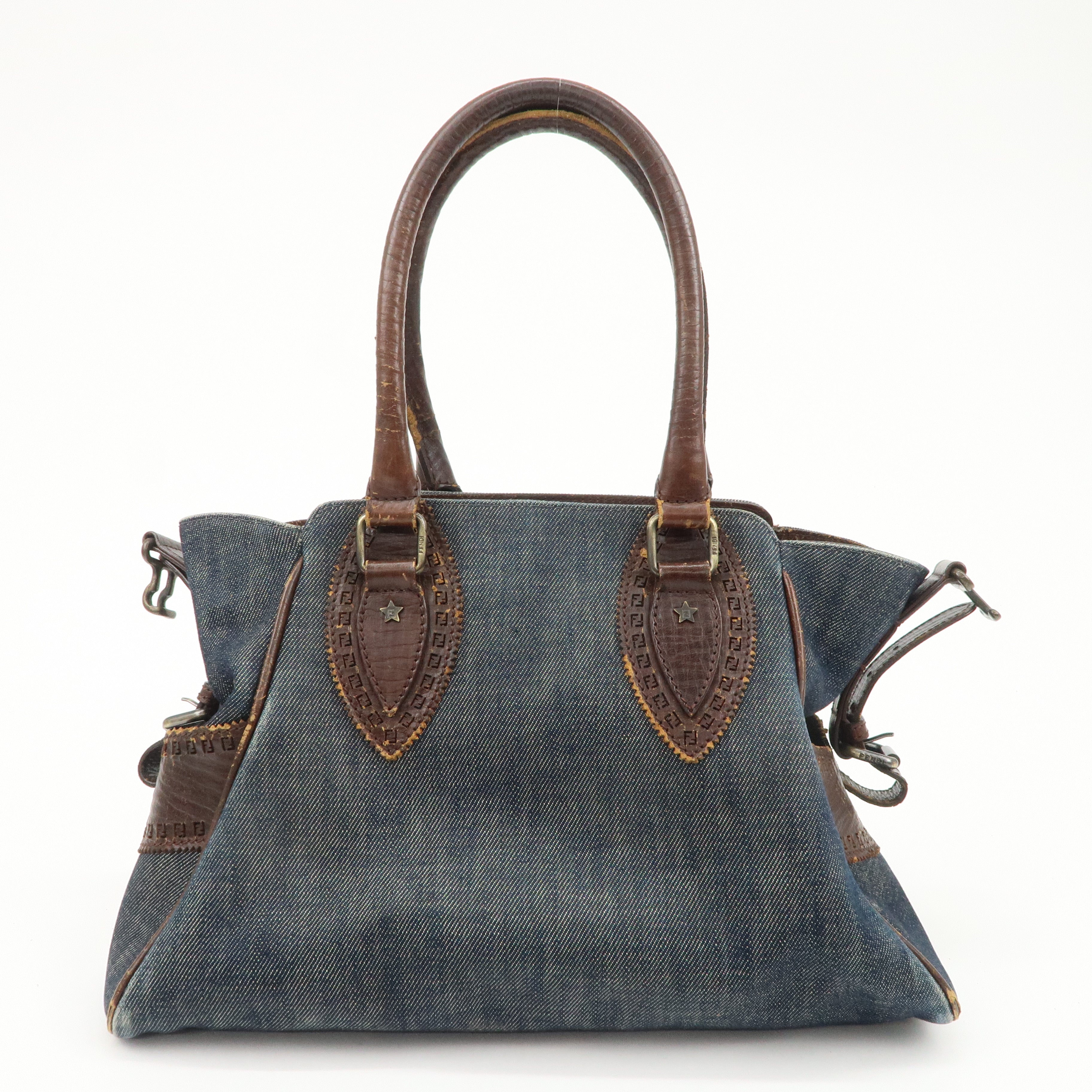 FENDI Ethnico Denim Leather Shoulder Bag Blue Brown 8BN157