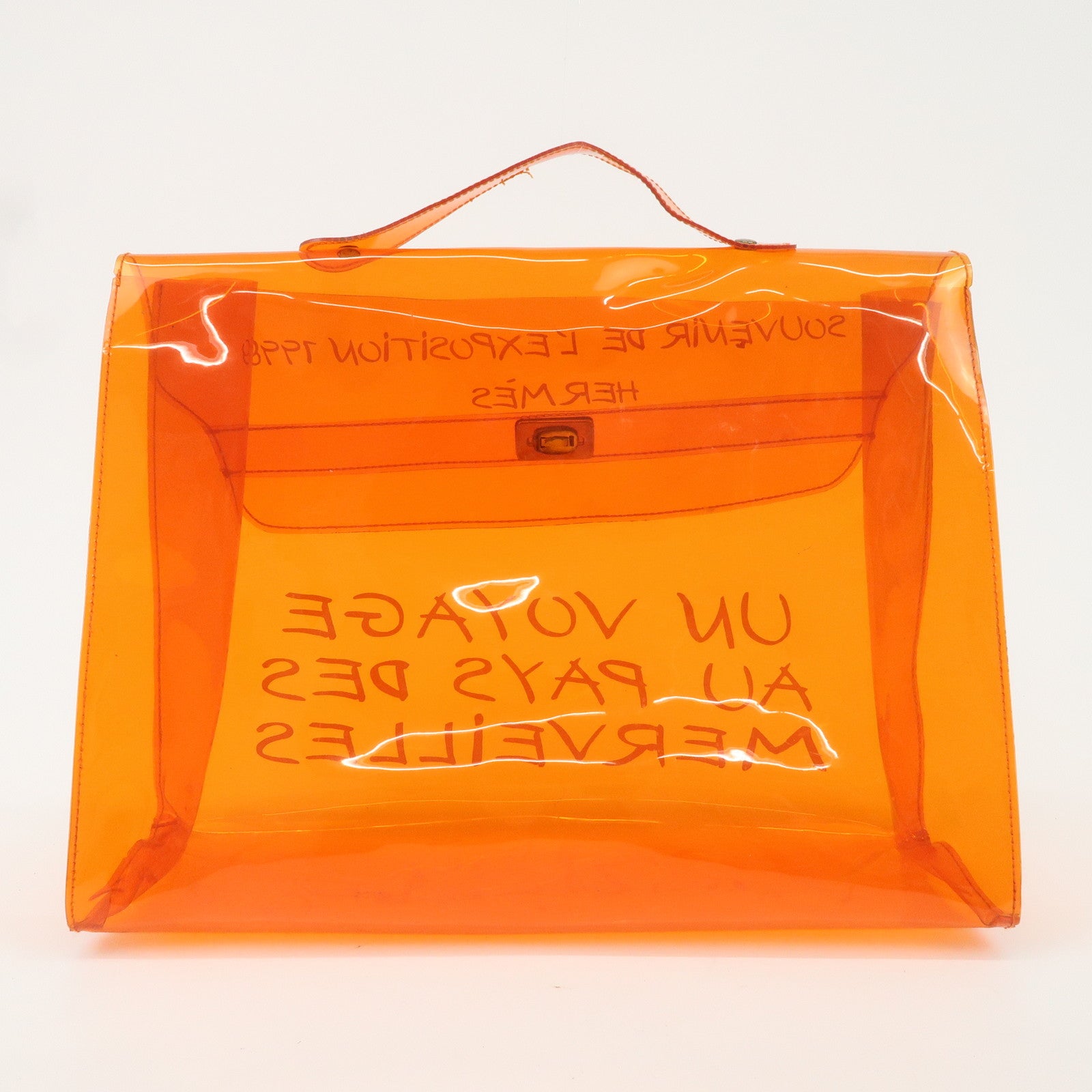 HERMES Vinyl Kelly Bag Hand Bag Clear Orange Gold Hardware