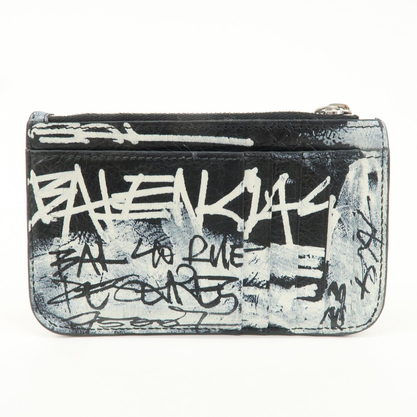 BALENCIAGA Leather Graffiti  Fragment Case Coin Case Black 715185