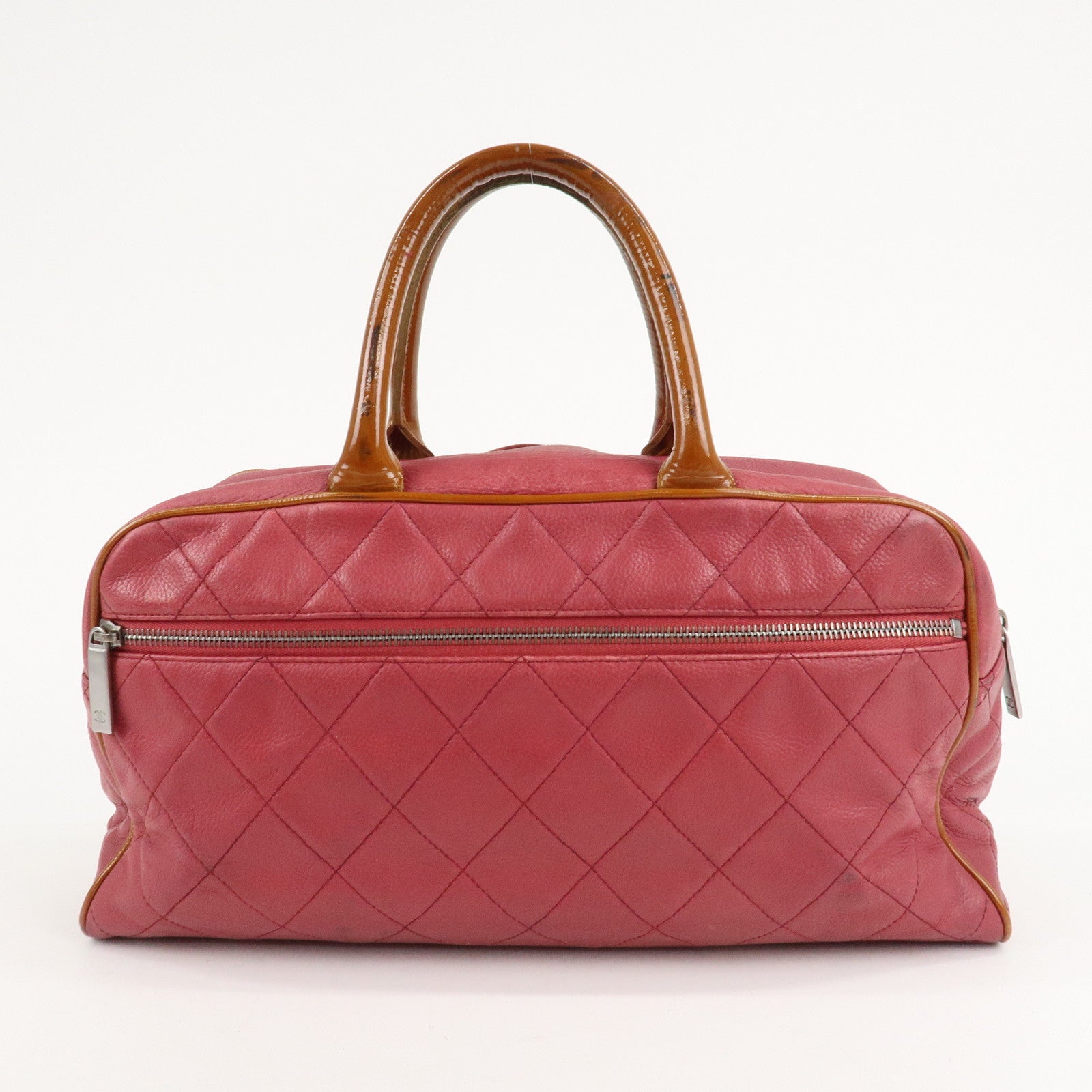 CHANEL Matelasse Caviar Skin Patent Boston Bag Hand Bag Red