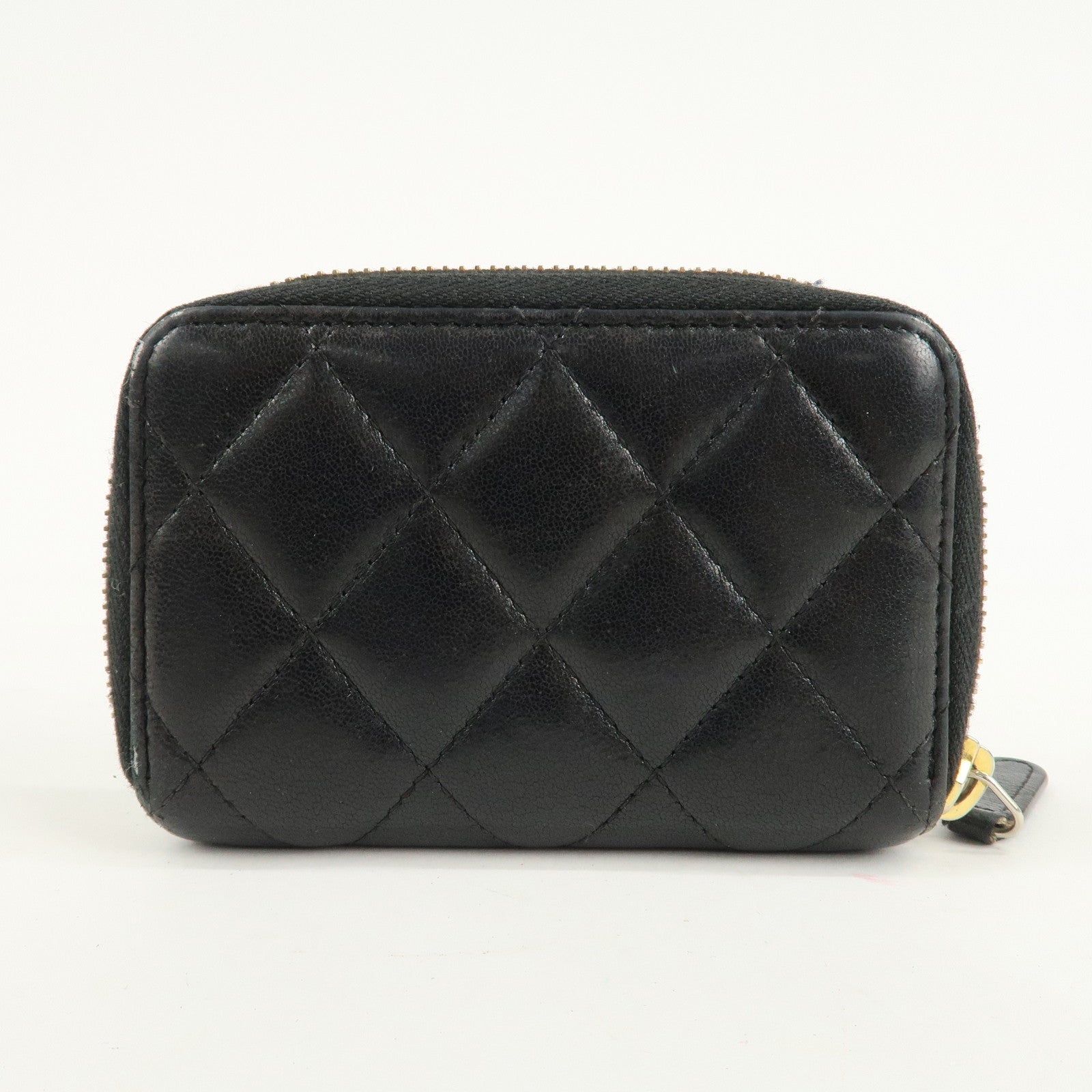 CHANEL Matelasse Lamb Skin Zip Around Coin Case Black A69271 Used
