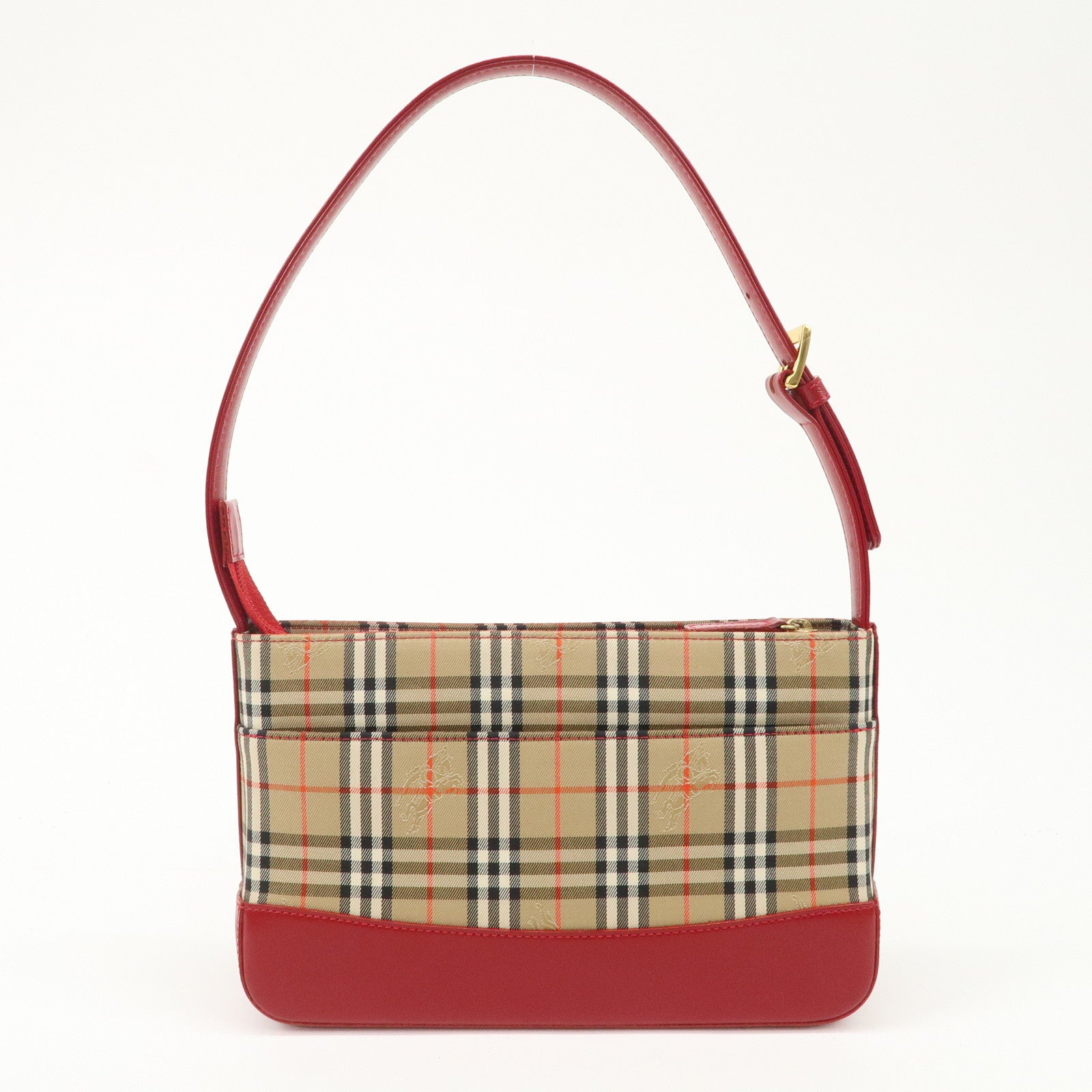 BURBERRY Nova Plaid Canvas Leather Shoulder Bag Hand Bag Red