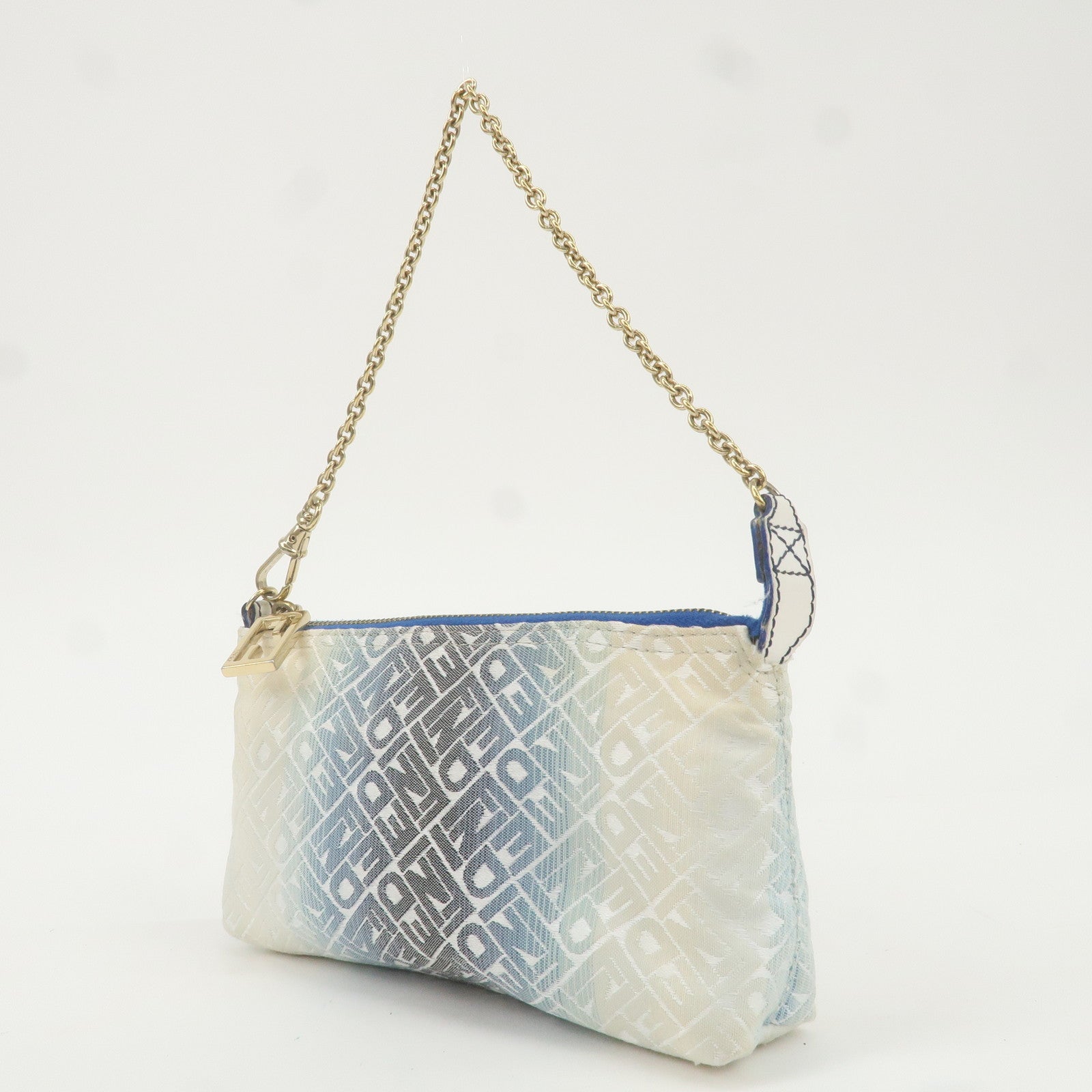 FENDI Canvas Chain Accessory Pouch Beige Blue 8BR592